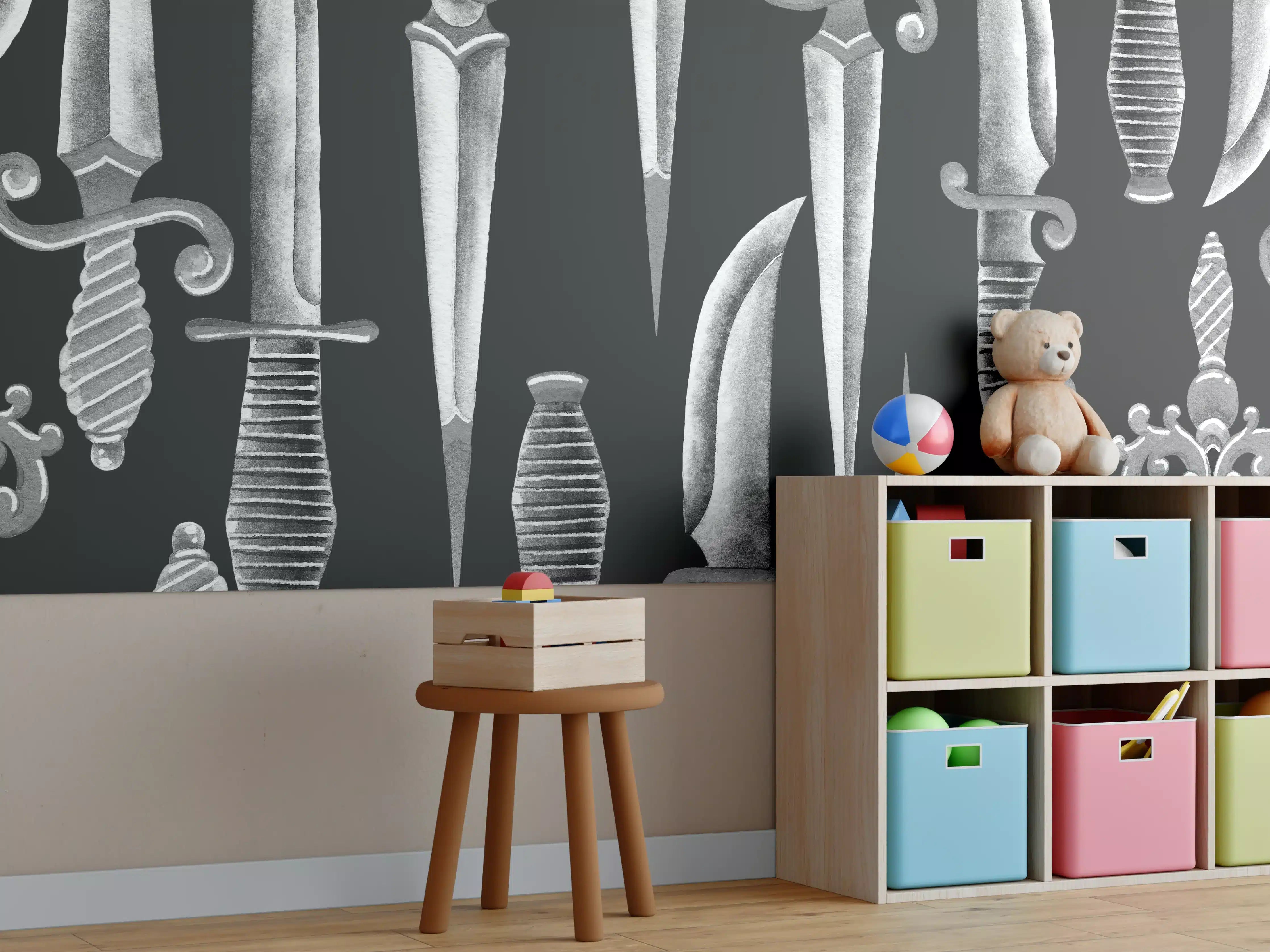 Kinderzimmer Wandgestaltung - Verschnörkelte Messer in Aquarell