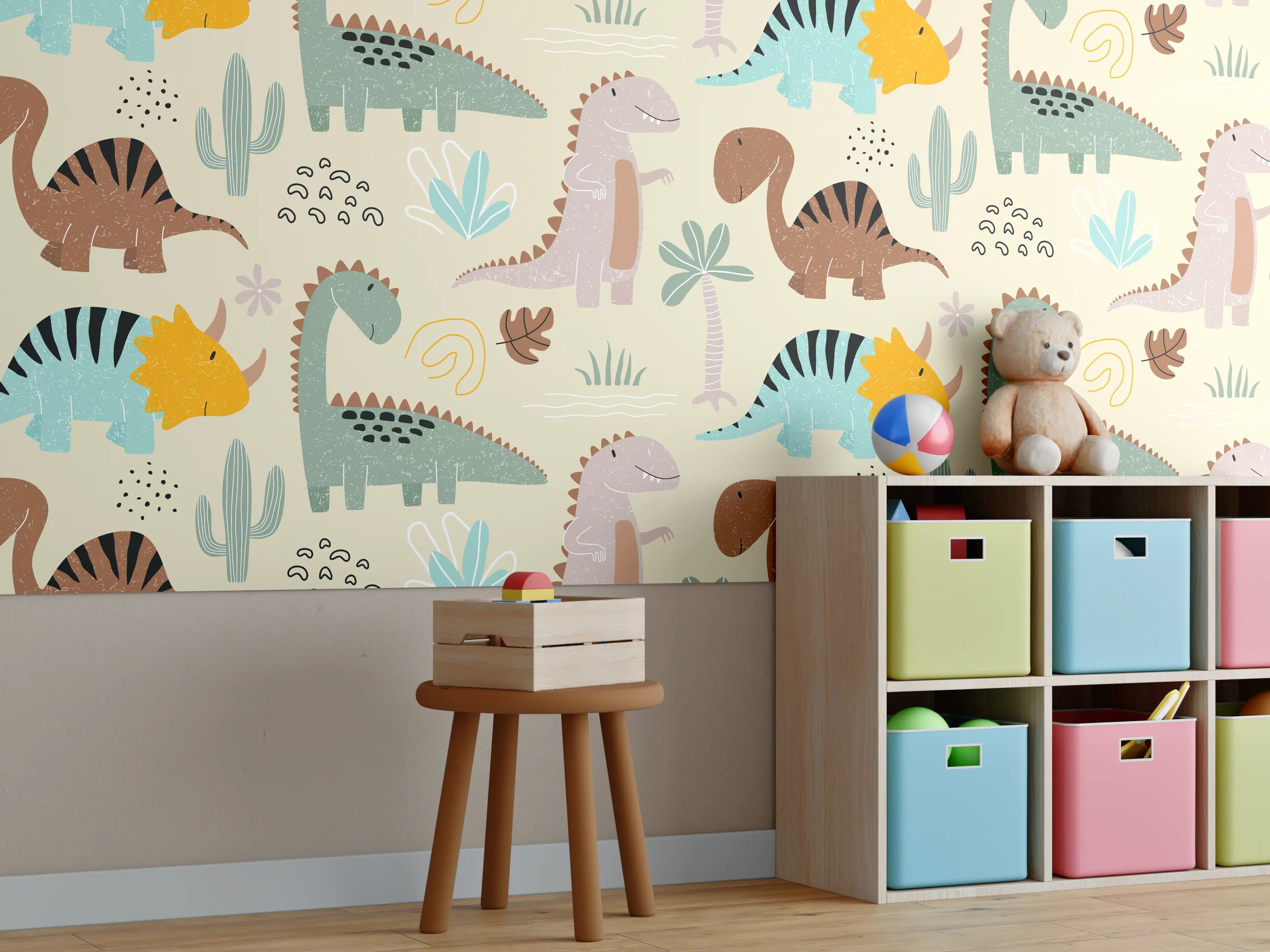 Kinderzimmer Wandgestaltung - Verspielte Dinosaurier und Pflanzen