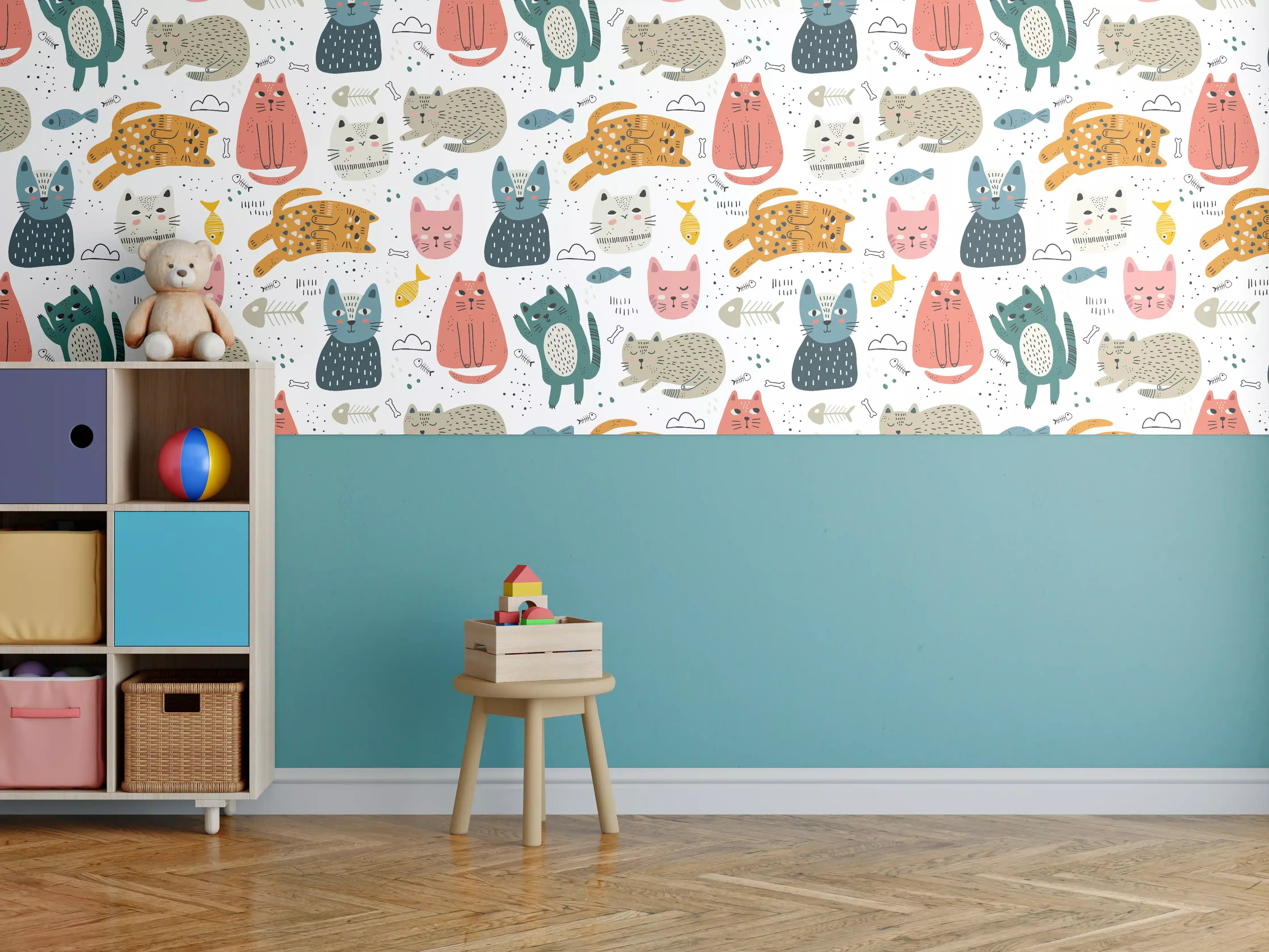 Kinderzimmer Wandgestaltung - Verspielte Katzen im bunten Muster