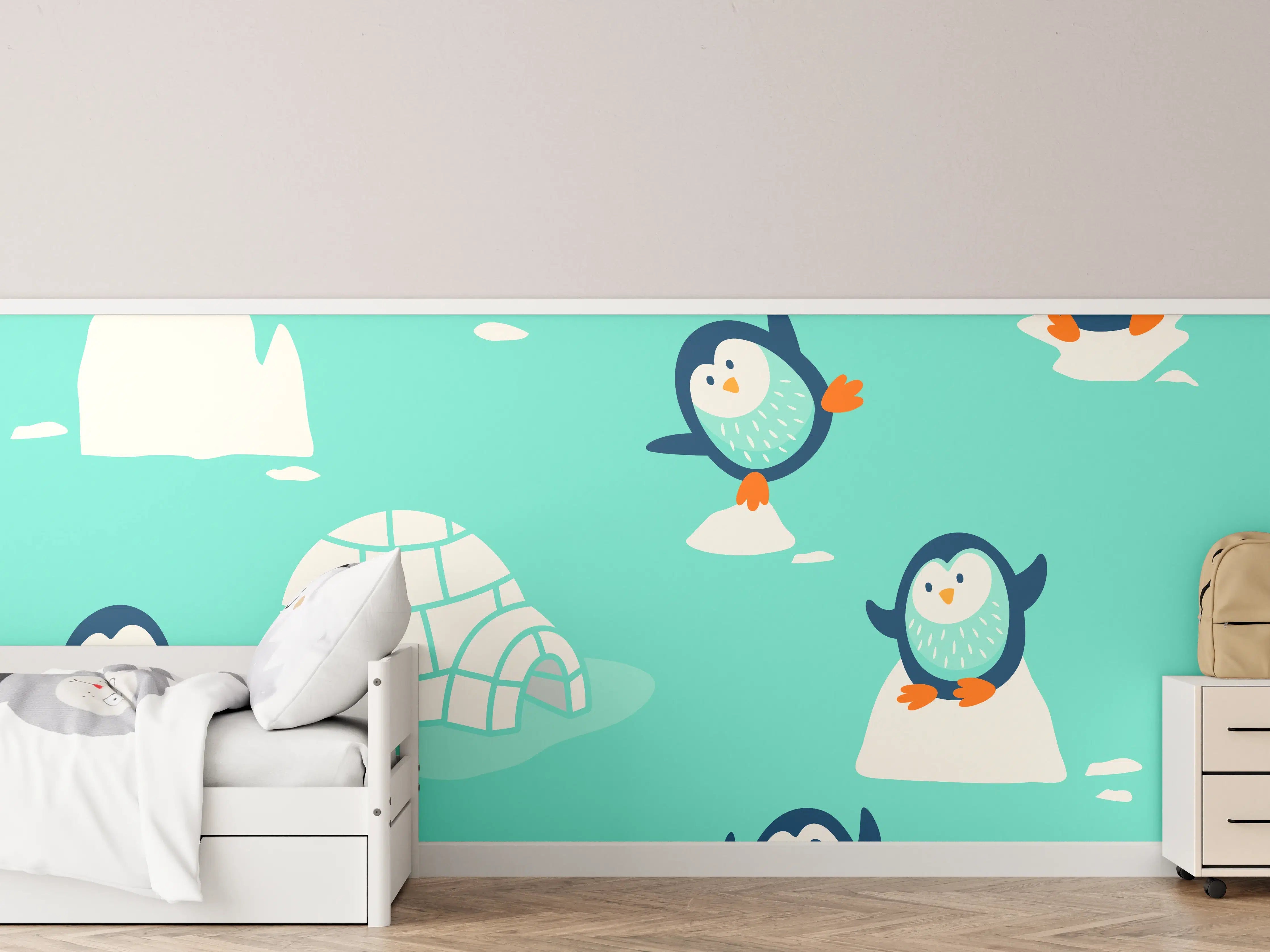 Kinderzimmer Wandgestaltung - Verspielte Pinguin-Musterung Türkis