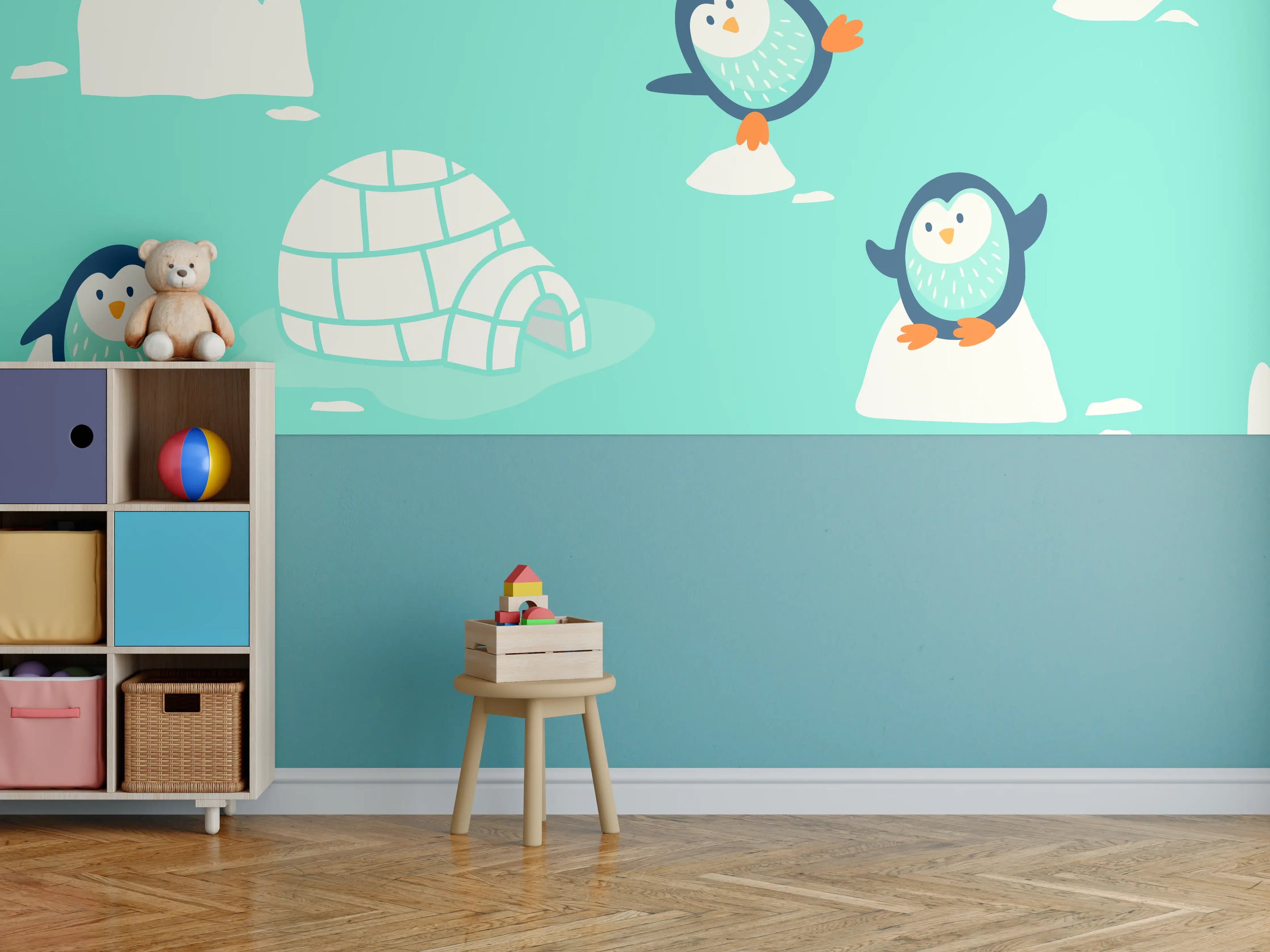 Kinderzimmer Wandgestaltung - Verspielte Pinguin-Musterung Türkis