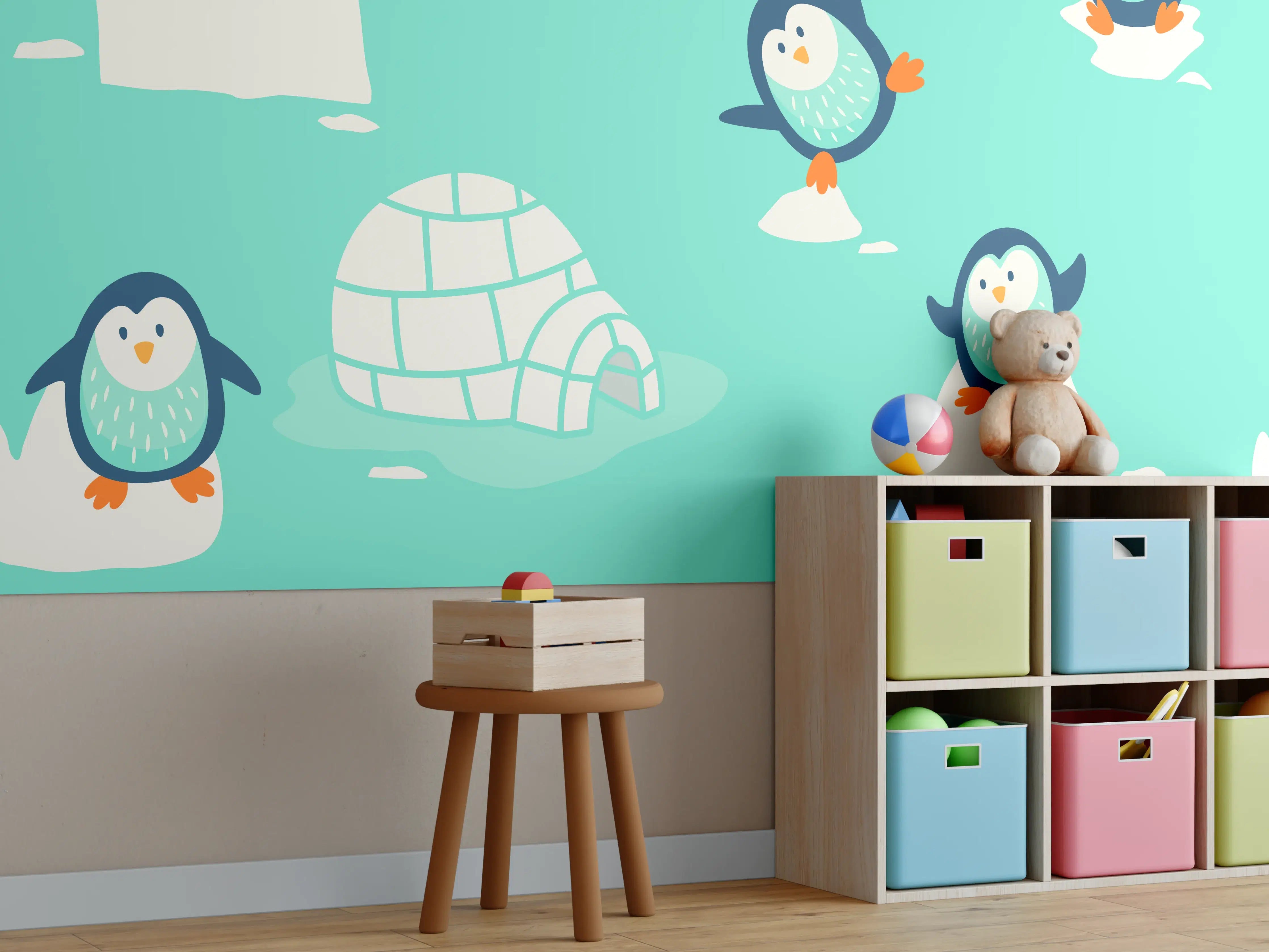 Kinderzimmer Wandgestaltung - Verspielte Pinguin-Musterung Türkis