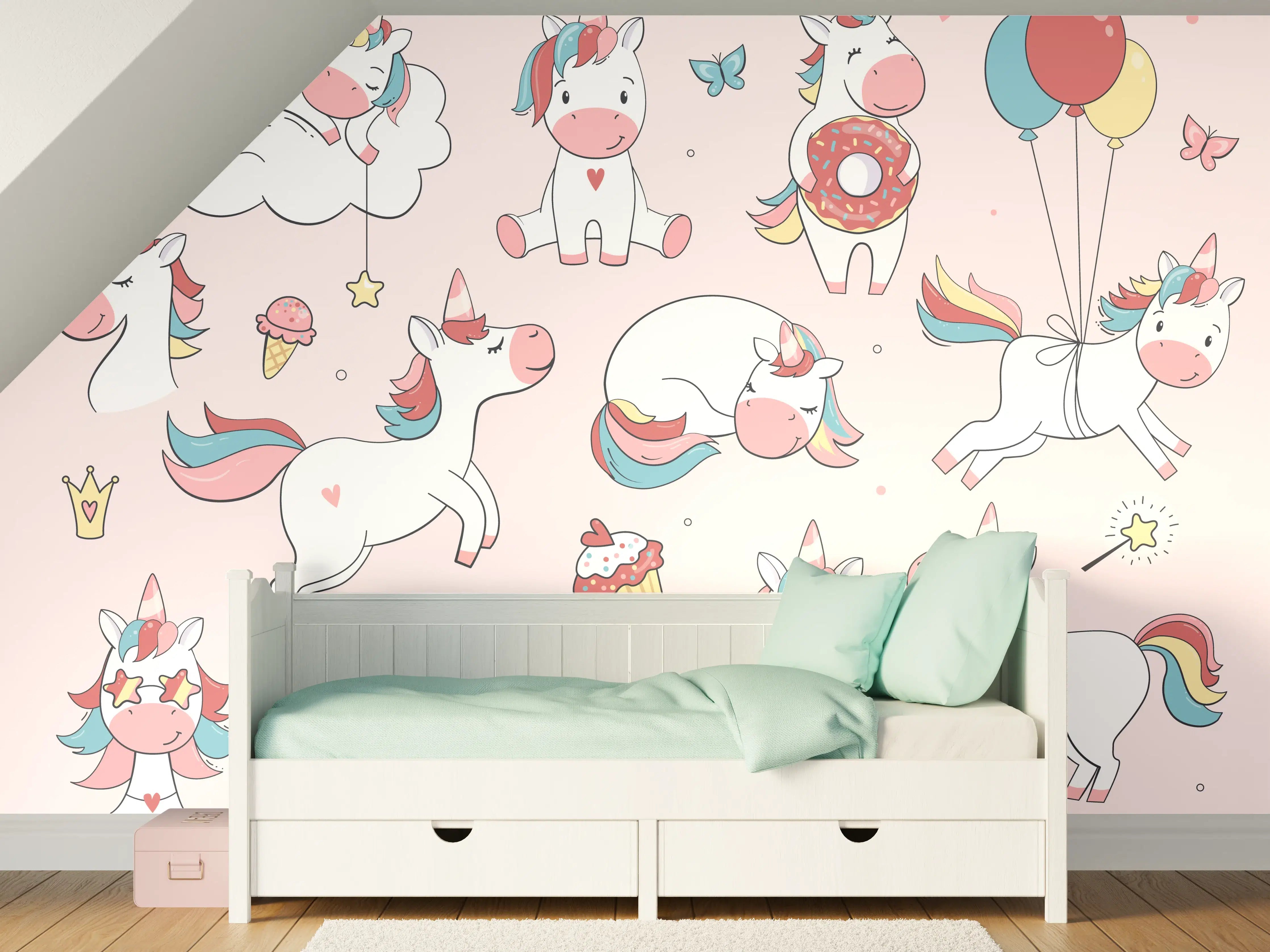 Kinderzimmer Wandgestaltung - Verspielte Regenbogen-Einhörner in Pastellfarben