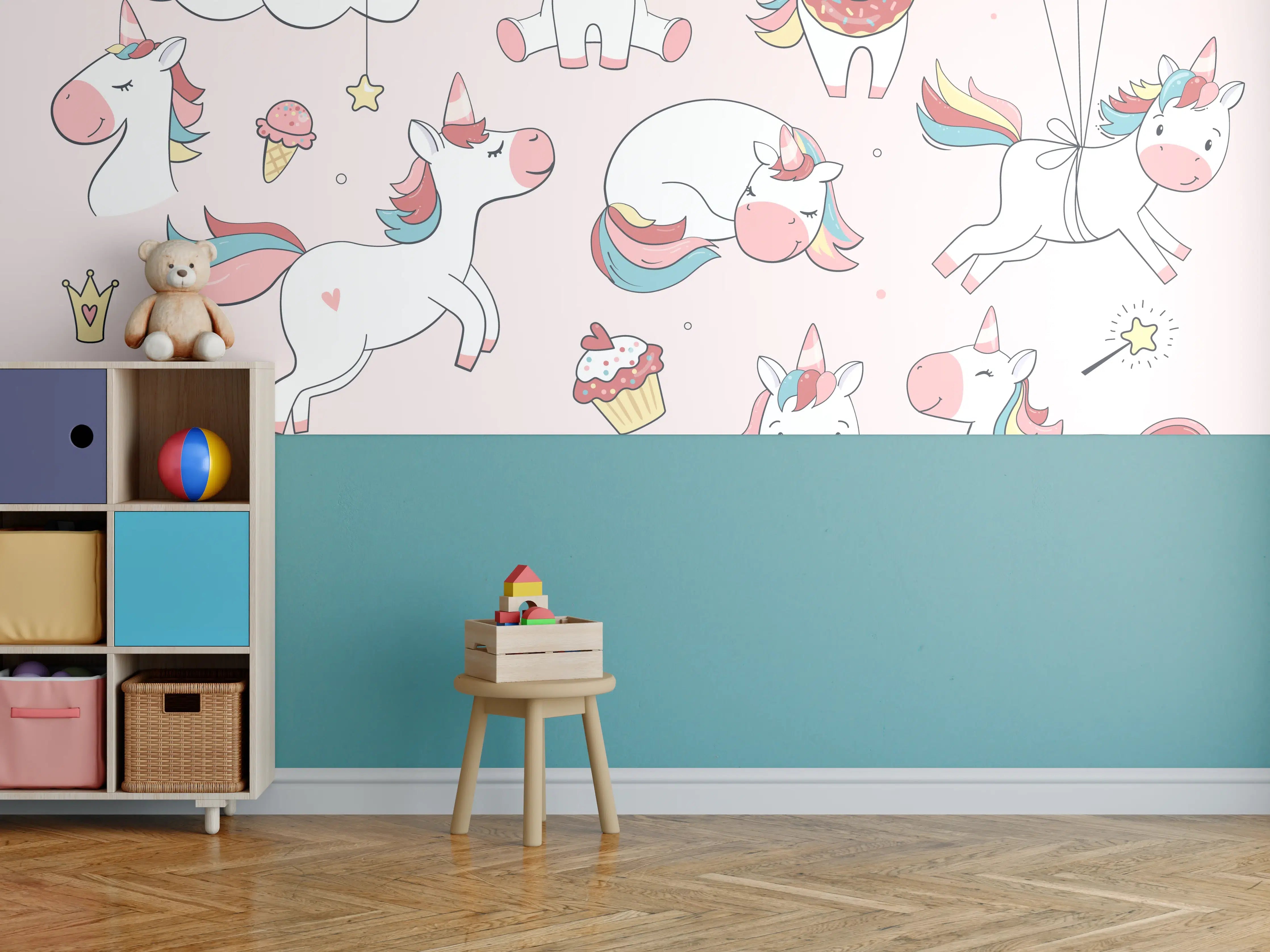 Kinderzimmer Wandgestaltung - Verspielte Regenbogen-Einhörner in Pastellfarben