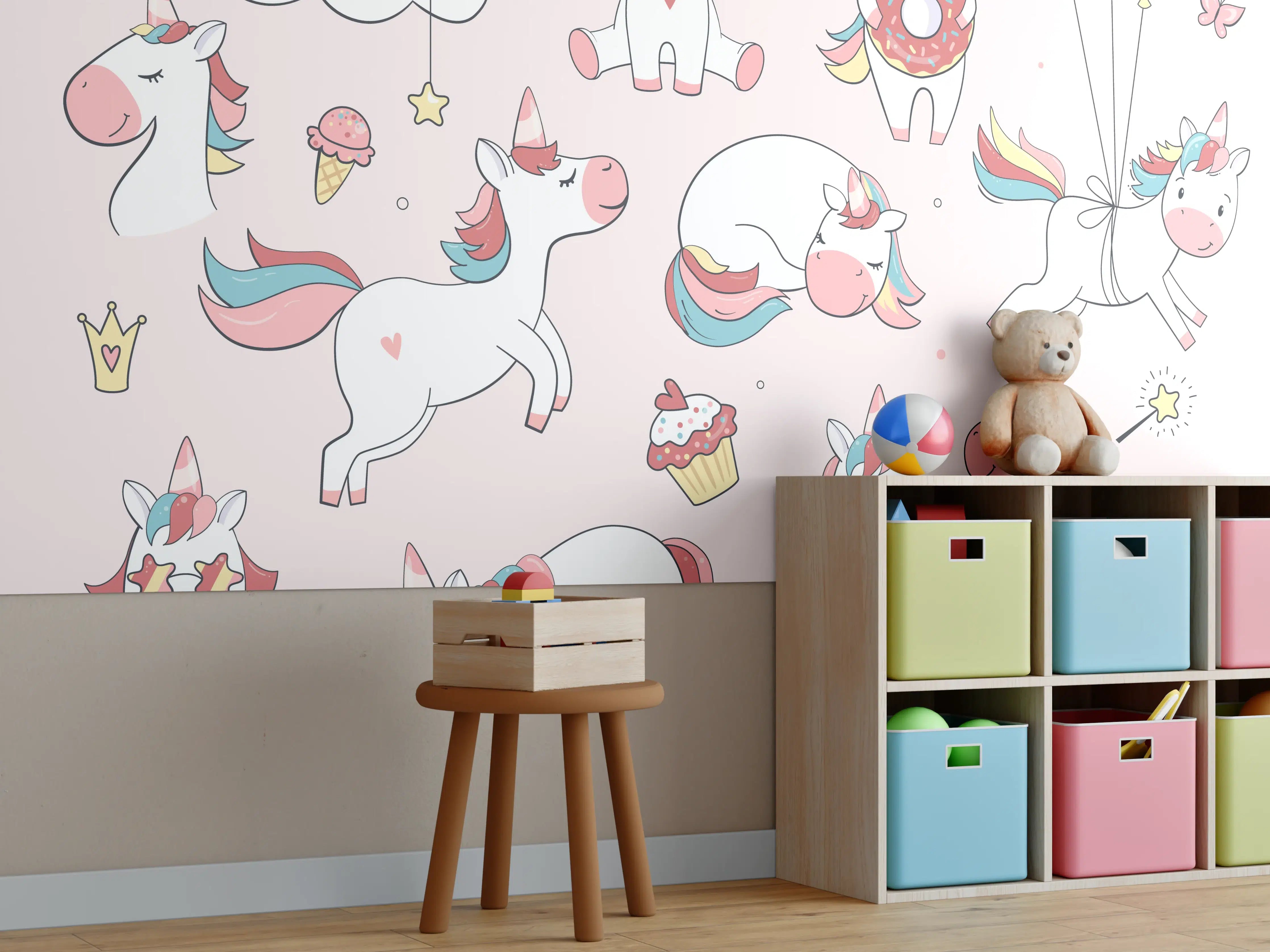 Kinderzimmer Wandgestaltung - Verspielte Regenbogen-Einhörner in Pastellfarben