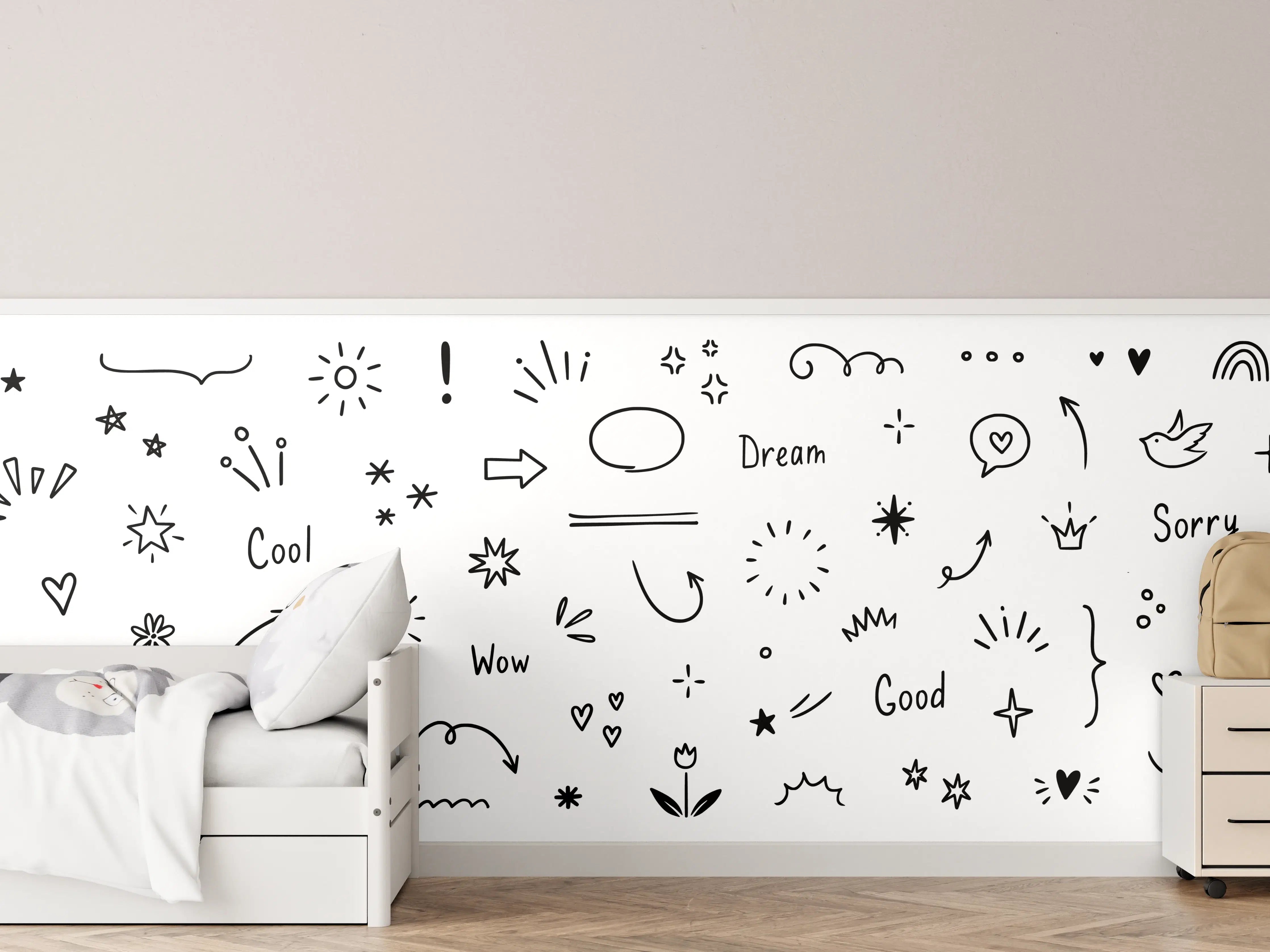 Kinderzimmer Wandgestaltung - Verspielte Schwarz-Weiß-Skizzen mit Sternen und Herzen