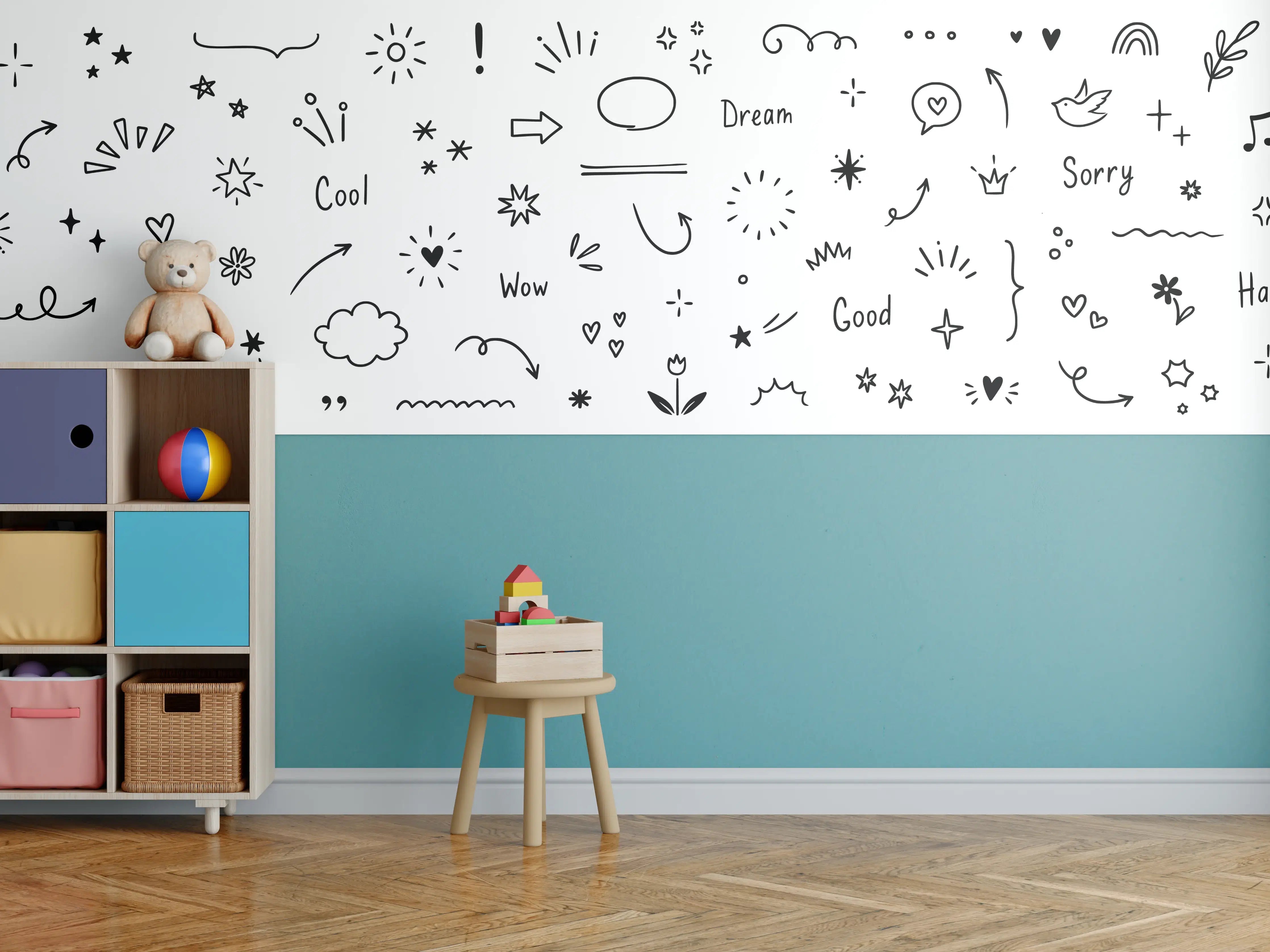 Kinderzimmer Wandgestaltung - Verspielte Schwarz-Weiß-Skizzen mit Sternen und Herzen