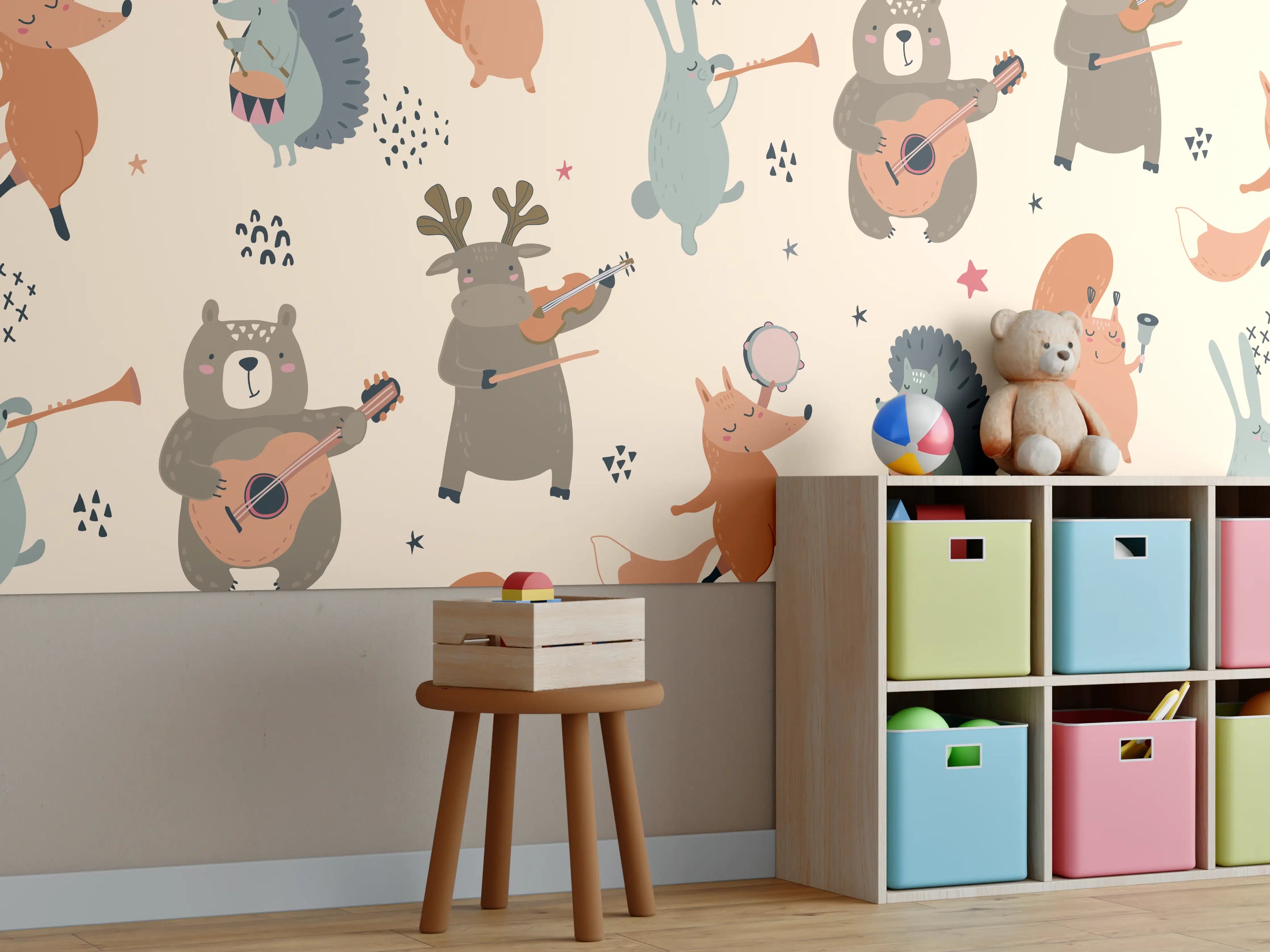 Kinderzimmer Wandgestaltung - Verspielte Tiermotive in warmen Tönen