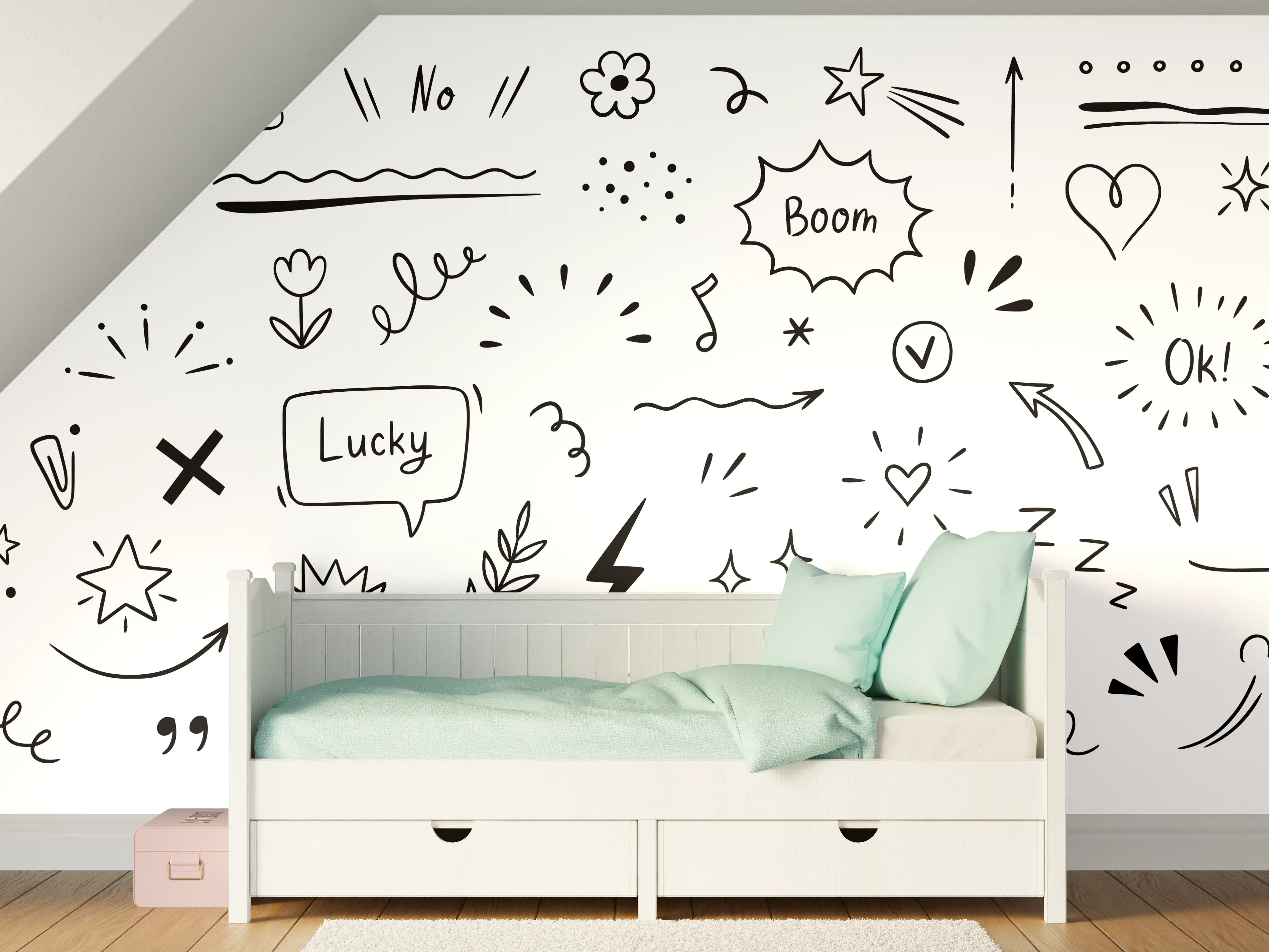 Kinderzimmer Wandgestaltung - Verspielte schwarze Skizzen mit Herzen und Sternen