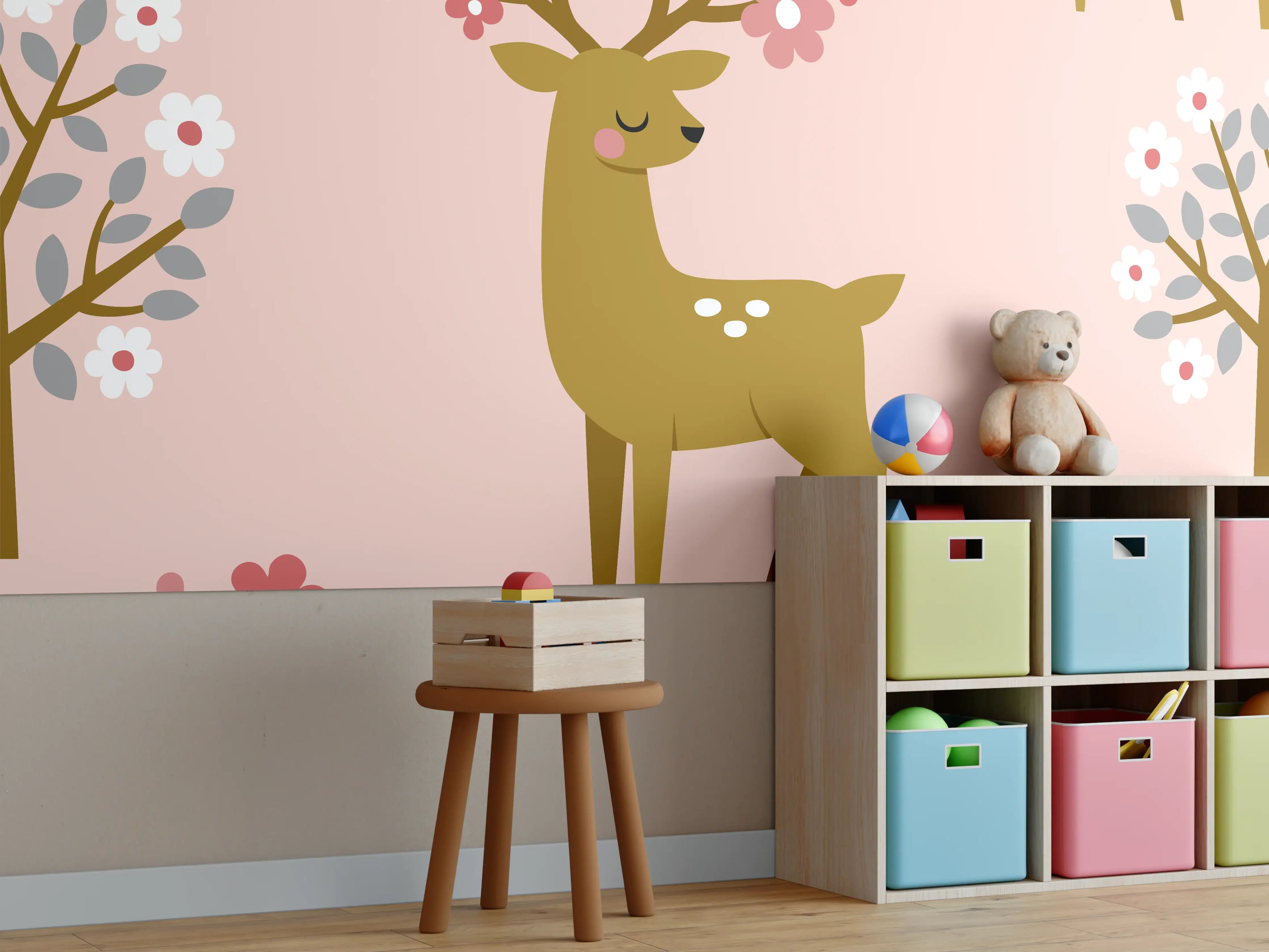 Kinderzimmer Wandgestaltung - Verspielter Rehkitz Blumen Print
