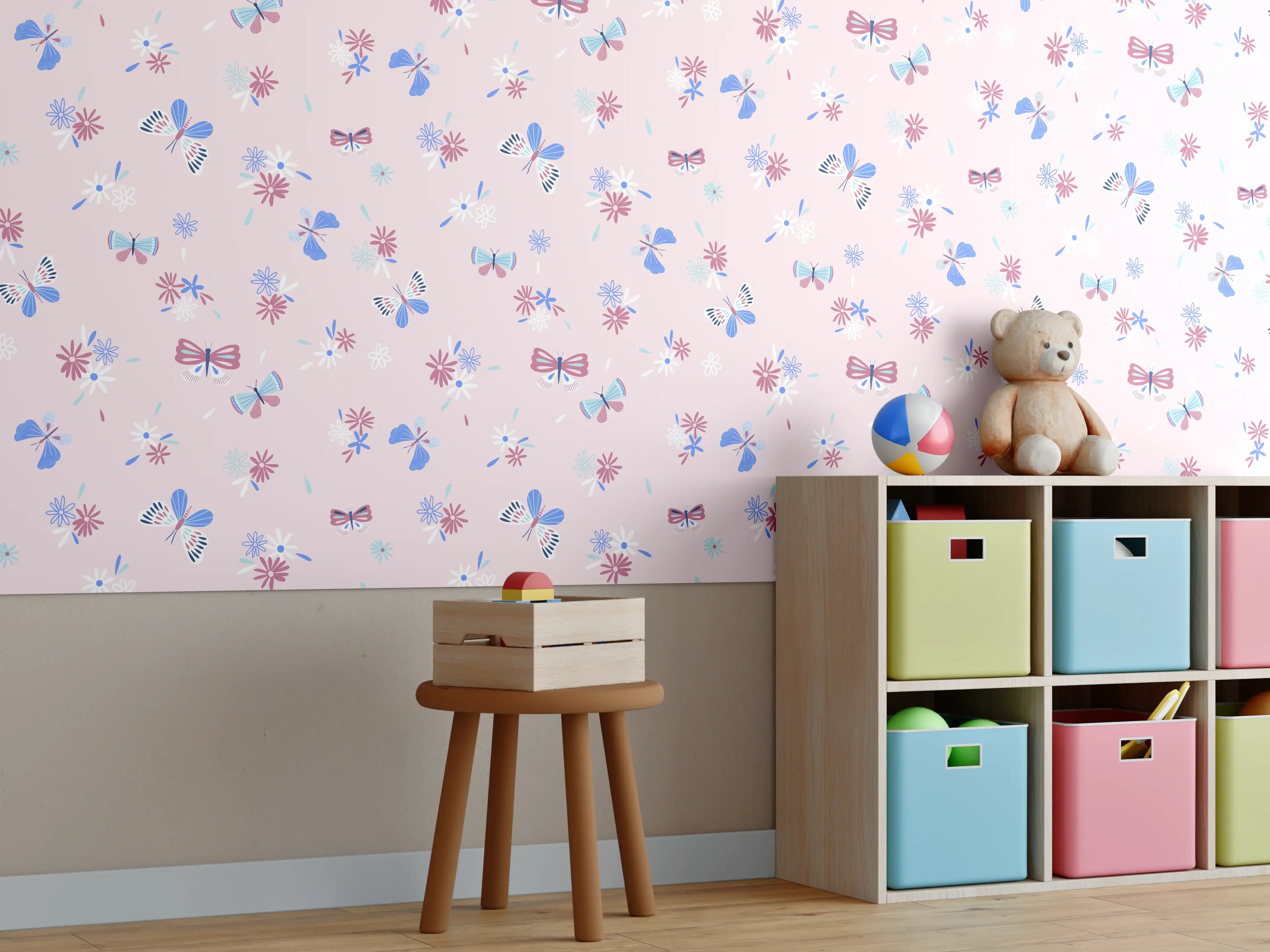 Kinderzimmer Wandgestaltung - Verspieltes Bienen-Design auf pastellfarbenem Hintergrund