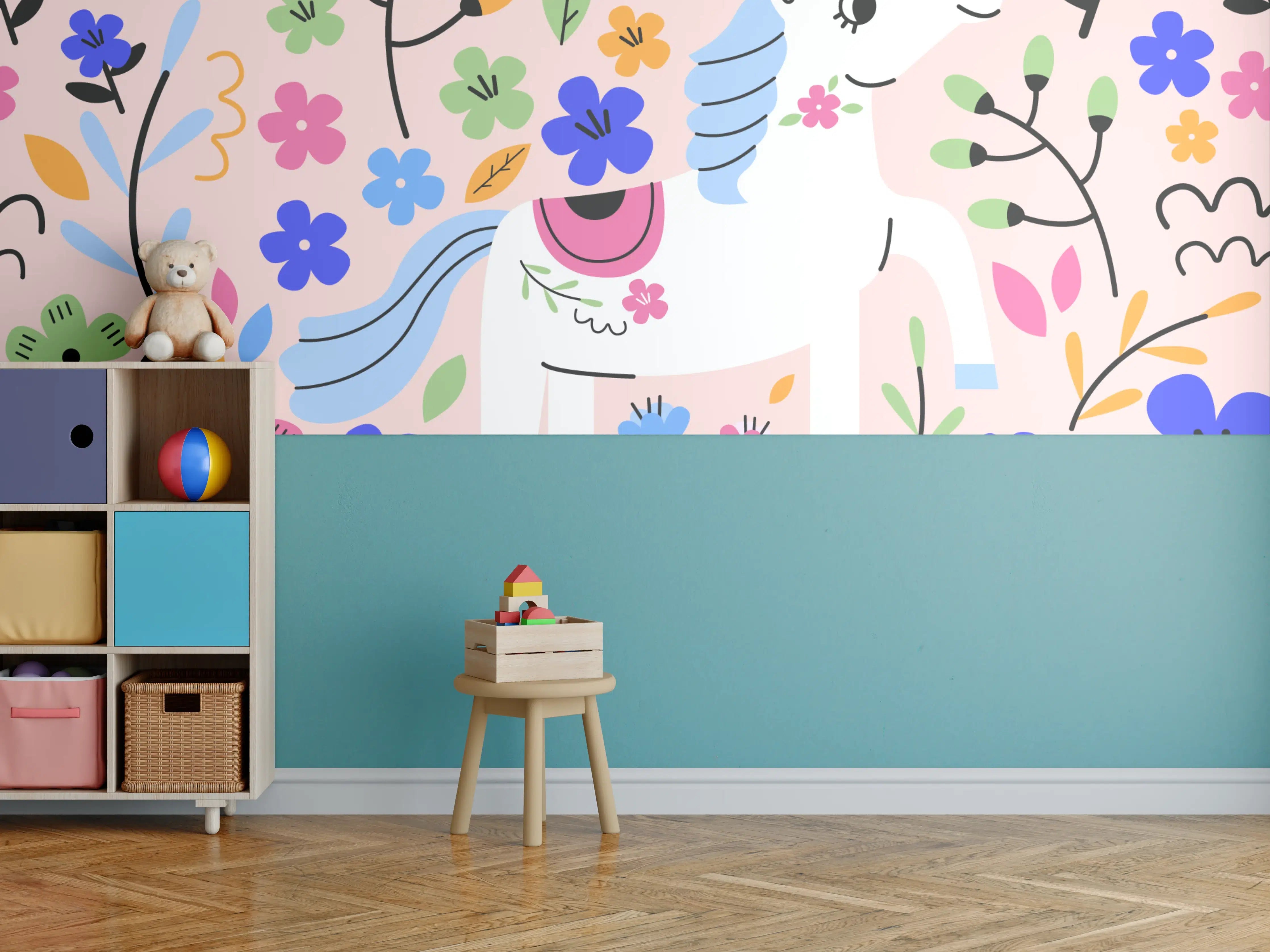 Kinderzimmer Wandgestaltung - Verspieltes Einhorn-Motiv mit bunten Blumen auf rosa Hintergrund