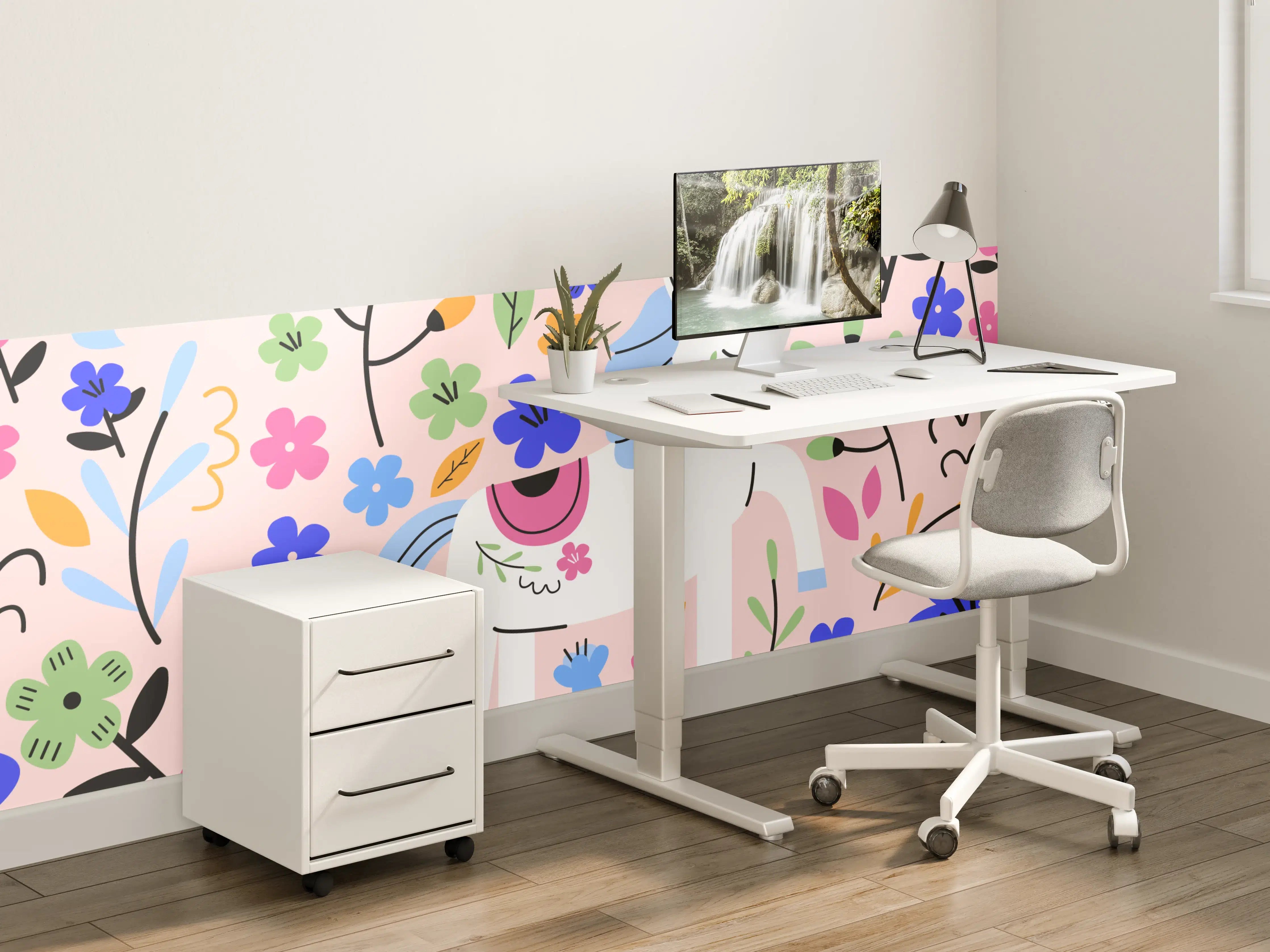 Kinderzimmer Wandgestaltung - Verspieltes Einhorn-Motiv mit bunten Blumen auf rosa Hintergrund