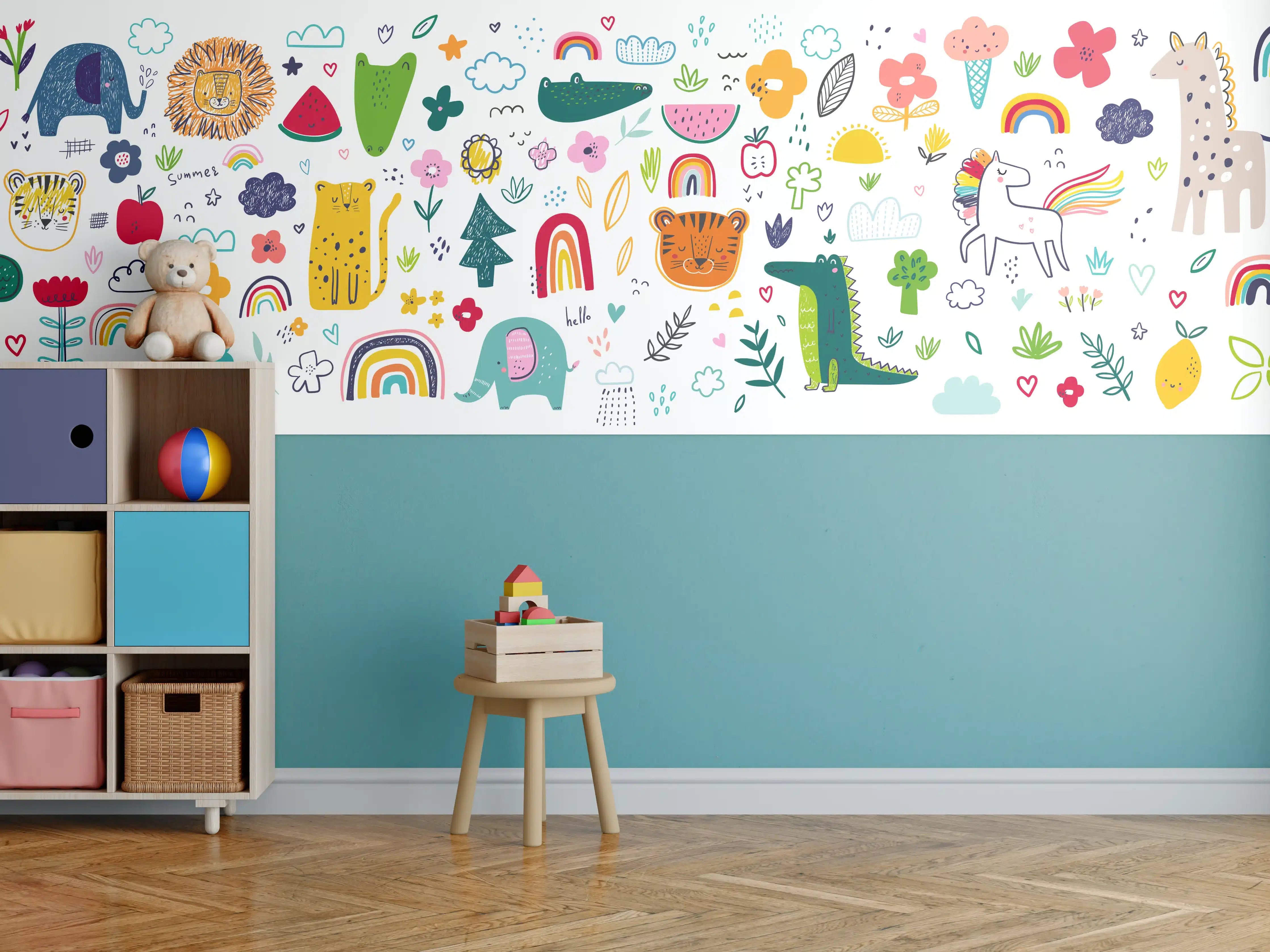 Kinderzimmer Wandgestaltung - Verspieltes Kindermotiv mit bunten Tieren und Regenbögen