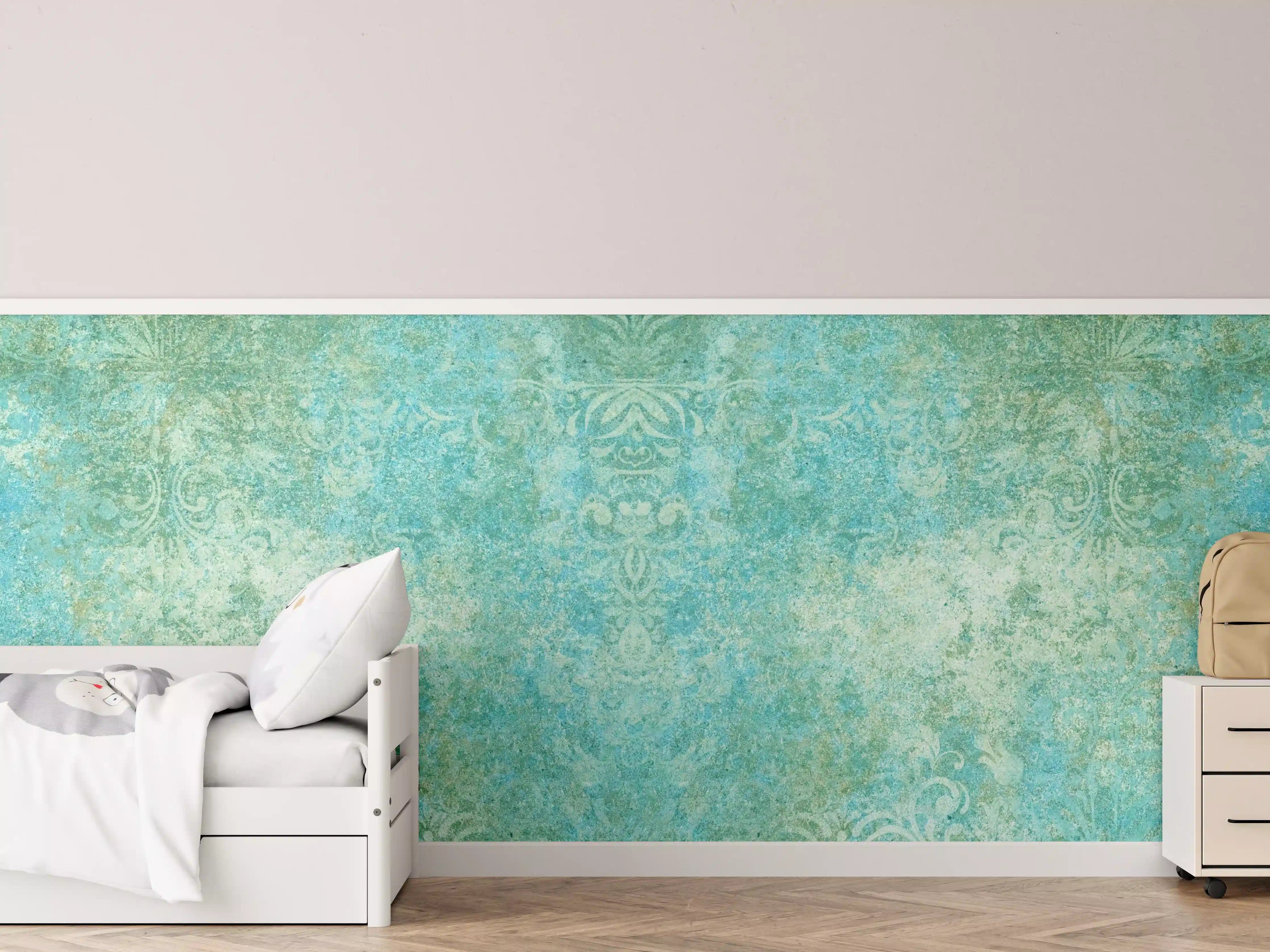 Kinderzimmer Wandgestaltung - Verwitterte blaue Wand mit grünen Akzenten