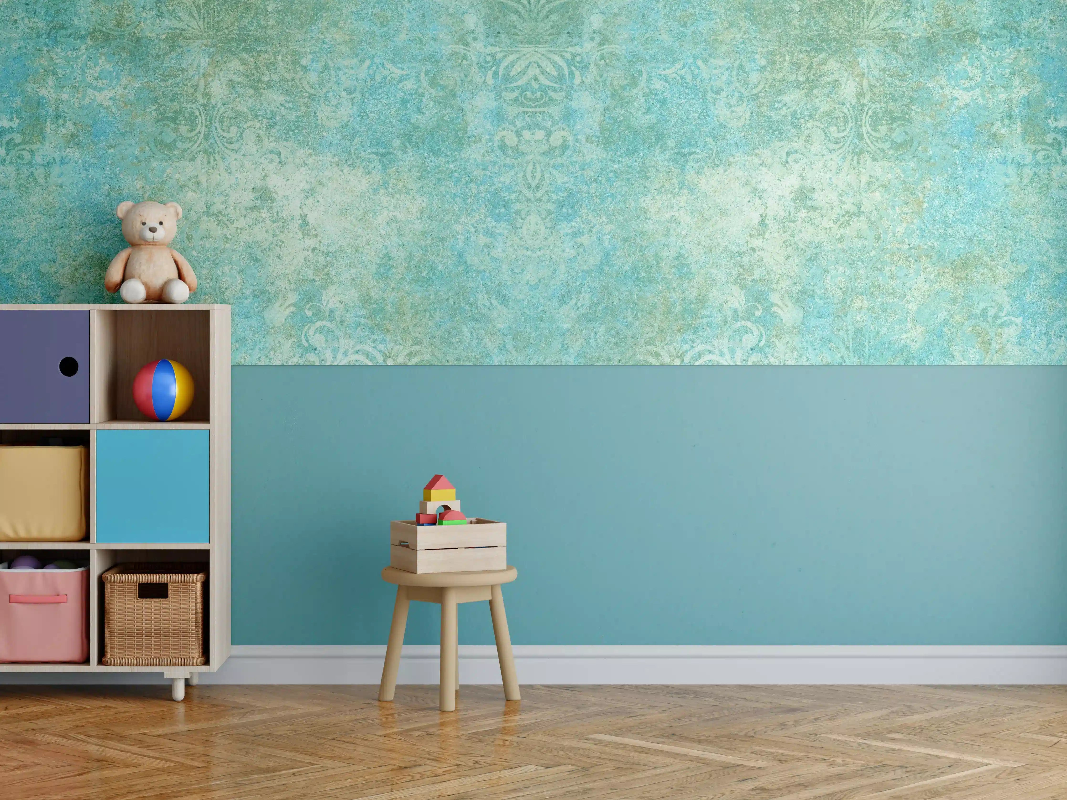 Kinderzimmer Wandgestaltung - Verwitterte blaue Wand mit grünen Akzenten