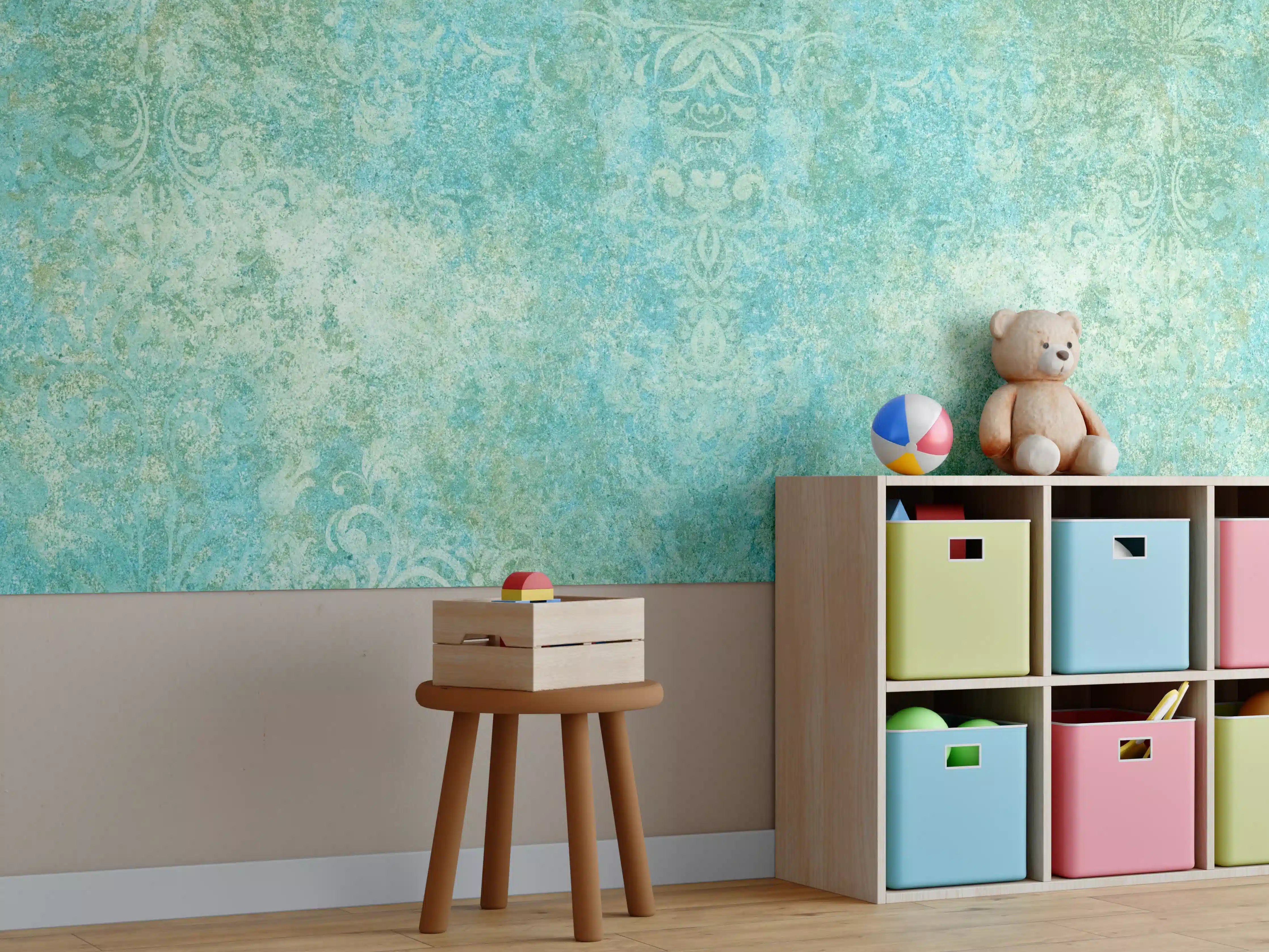 Kinderzimmer Wandgestaltung - Verwitterte blaue Wand mit grünen Akzenten