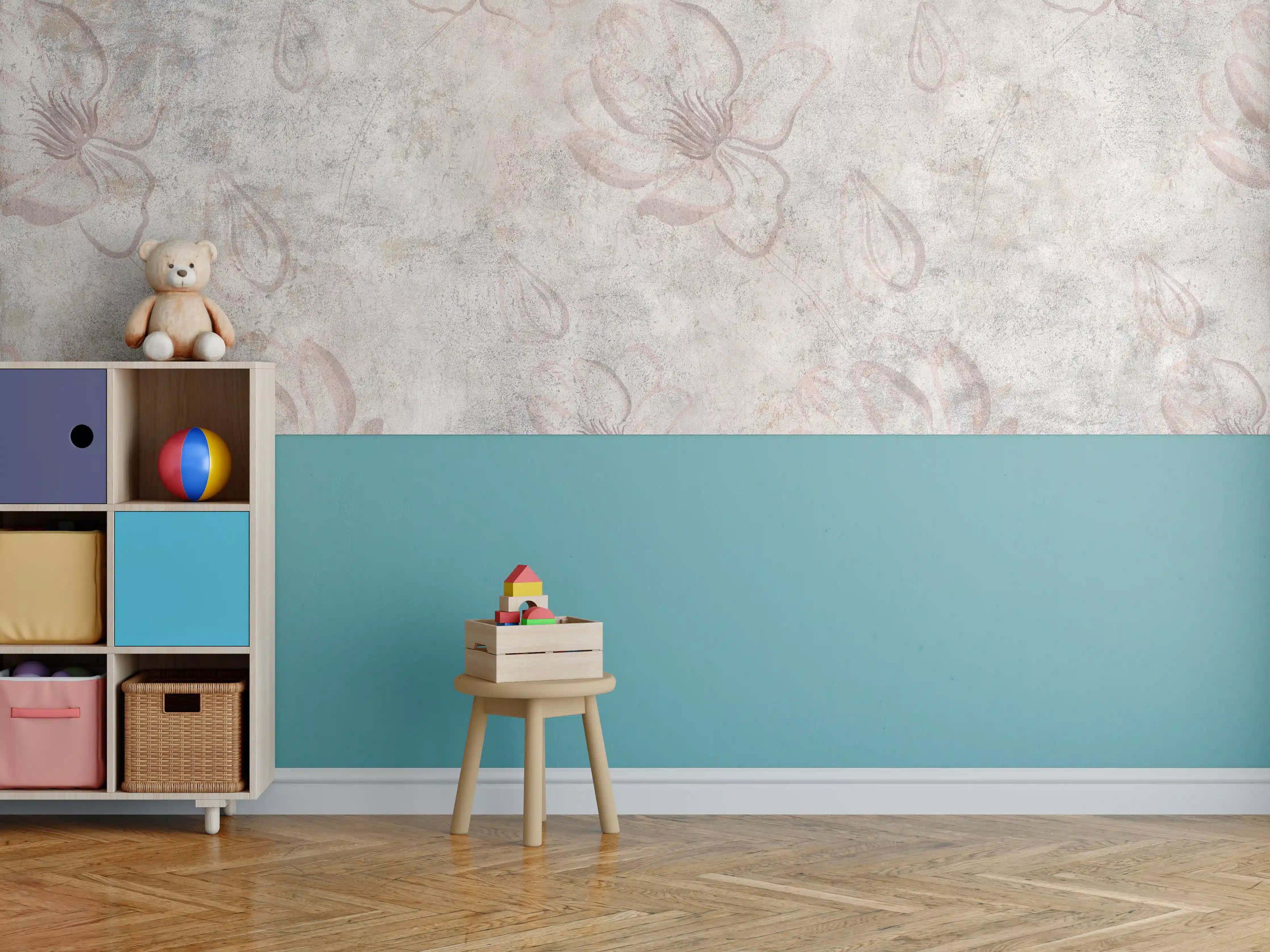 Kinderzimmer Wandgestaltung - Verwitterte blumenförmige Tapete