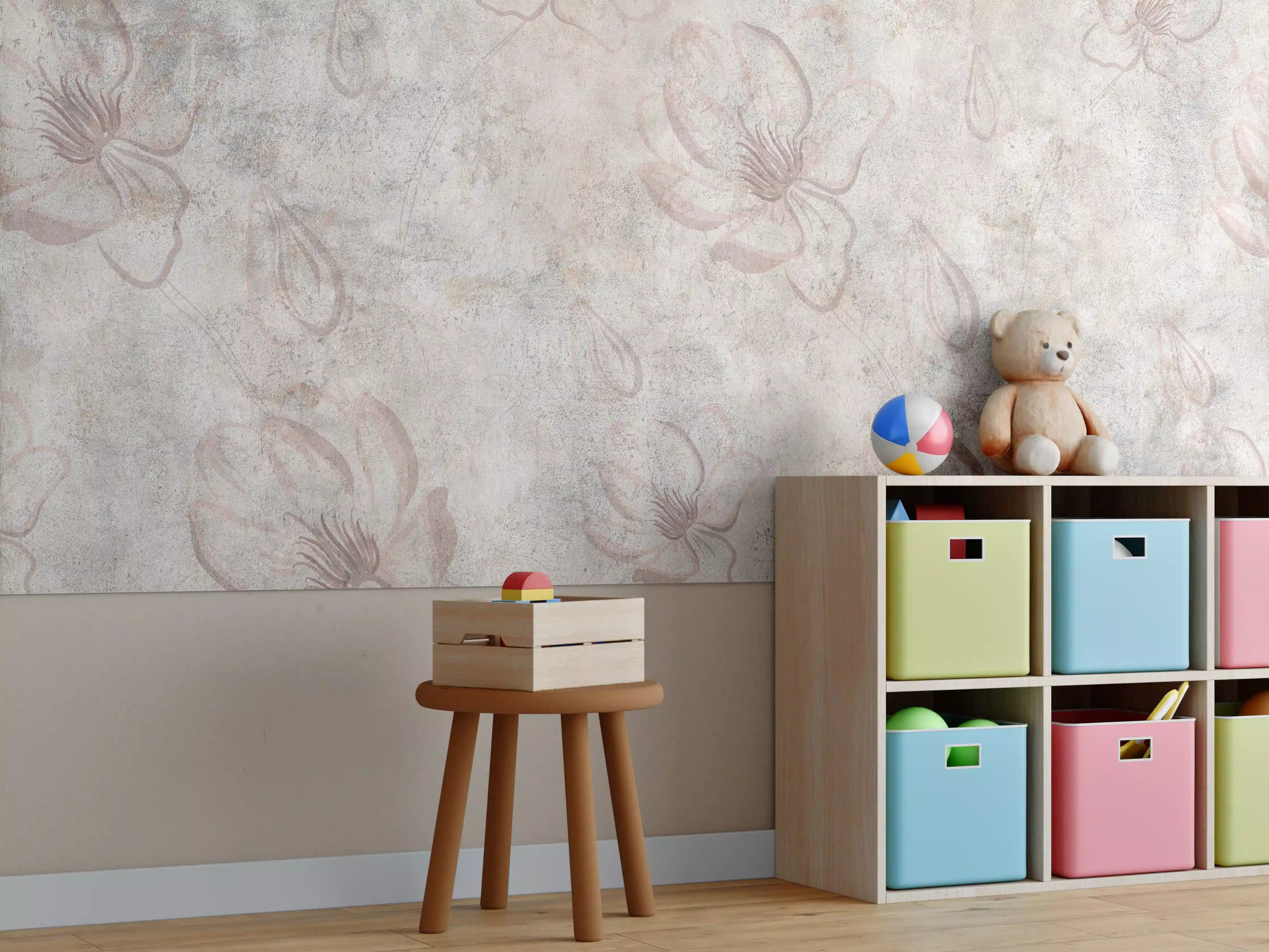 Kinderzimmer Wandgestaltung - Verwitterte blumenförmige Tapete