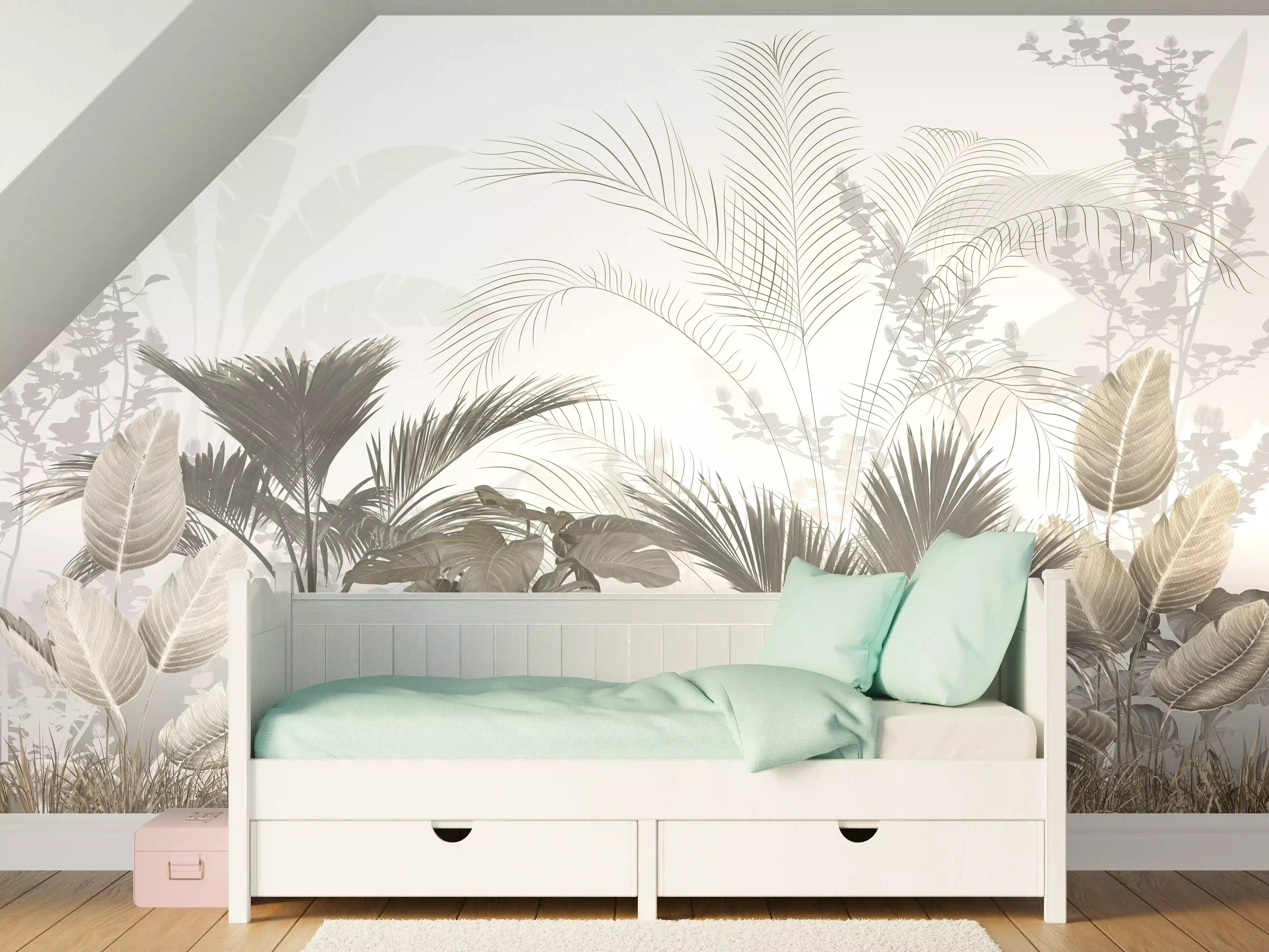 Kinderzimmer Wandgestaltung - Verzauberte Dschungellandschaft in gedeckten Naturtönen