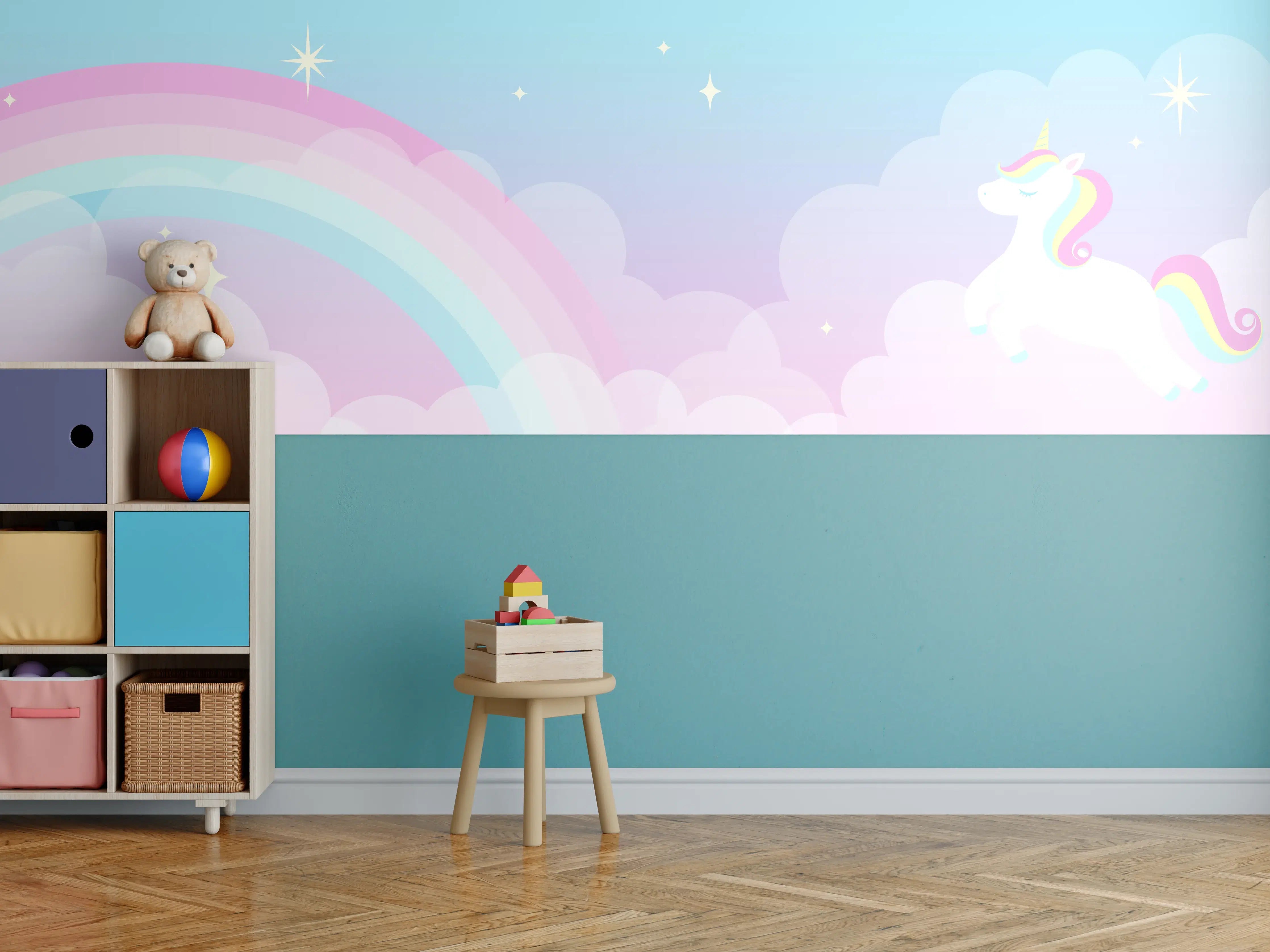 Kinderzimmer Wandgestaltung - Verzauberter Einhornhimmel in Grau und Regenbogen