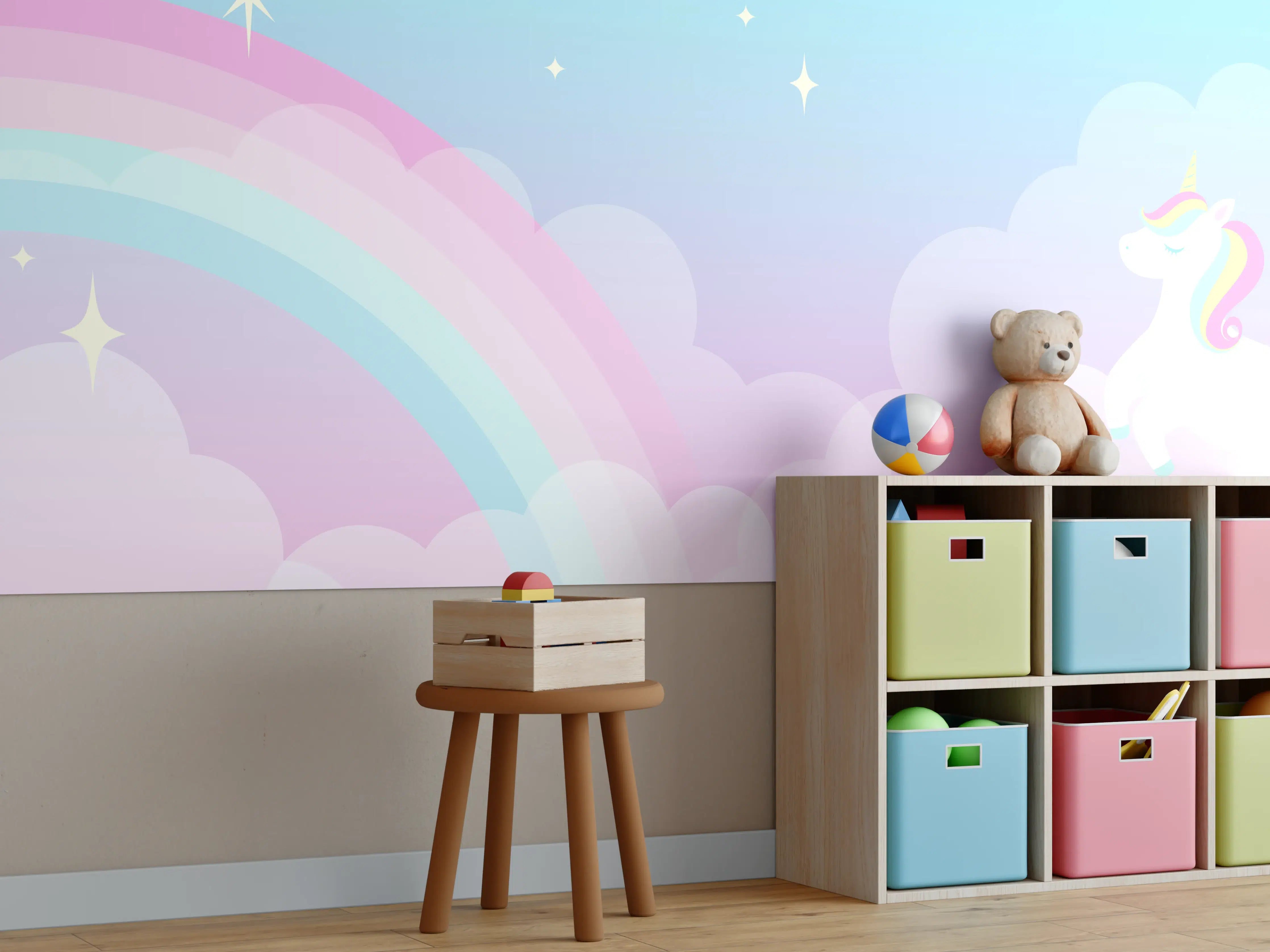 Kinderzimmer Wandgestaltung - Verzauberter Einhornhimmel in Grau und Regenbogen