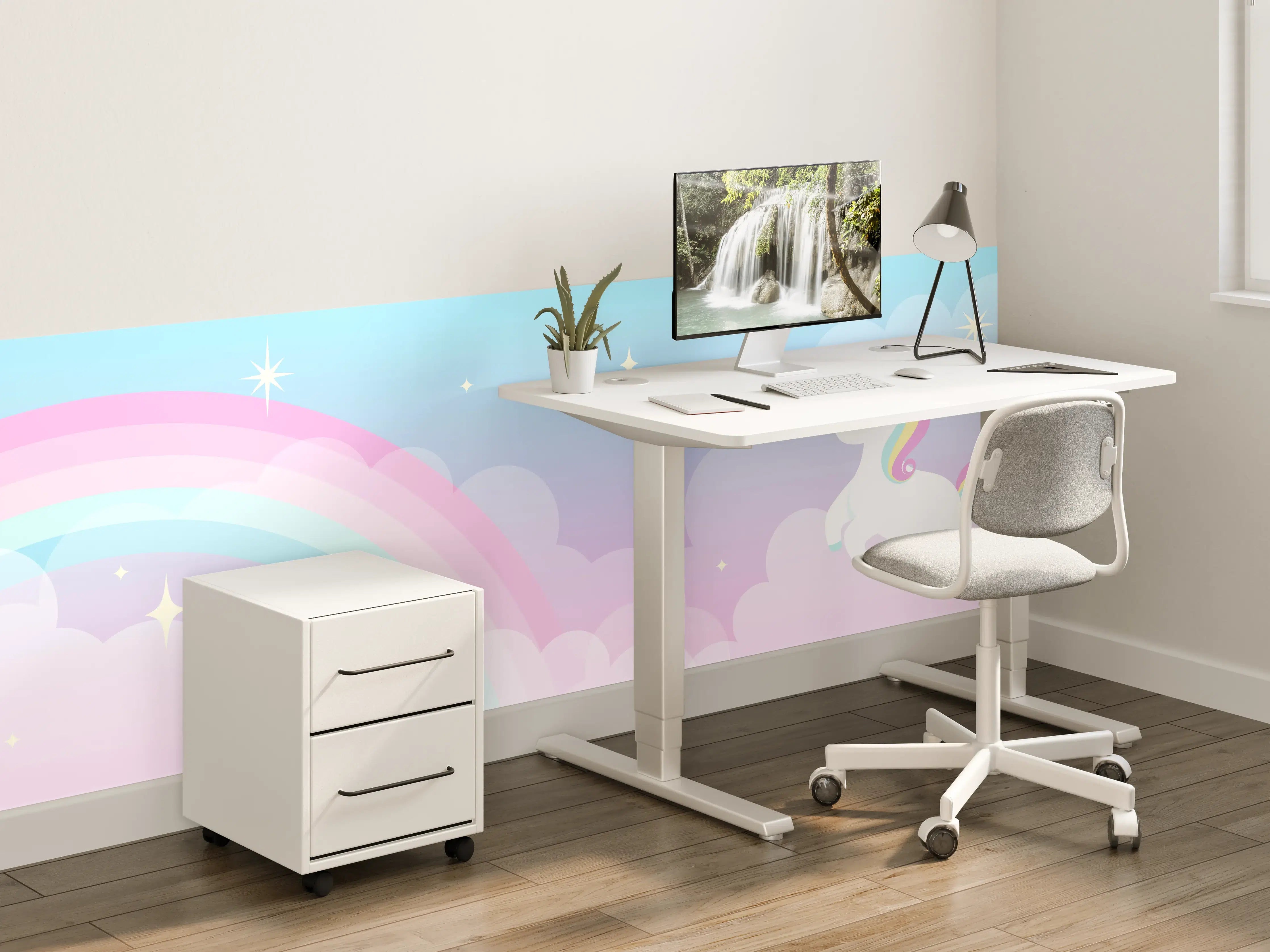 Kinderzimmer Wandgestaltung - Verzauberter Einhornhimmel in Grau und Regenbogen
