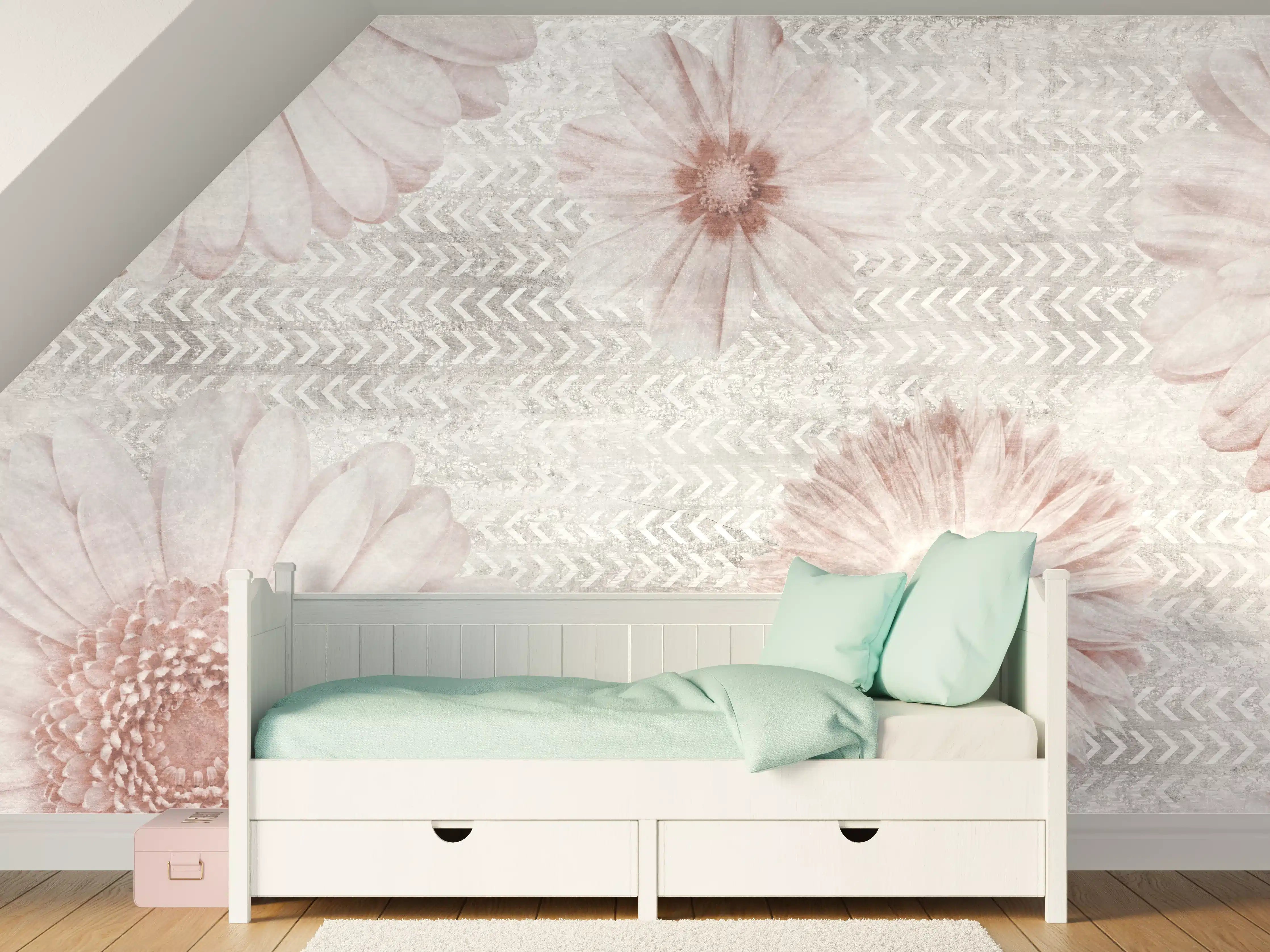 Kinderzimmer Wandgestaltung - Vintage Blumenmuster auf Weiß