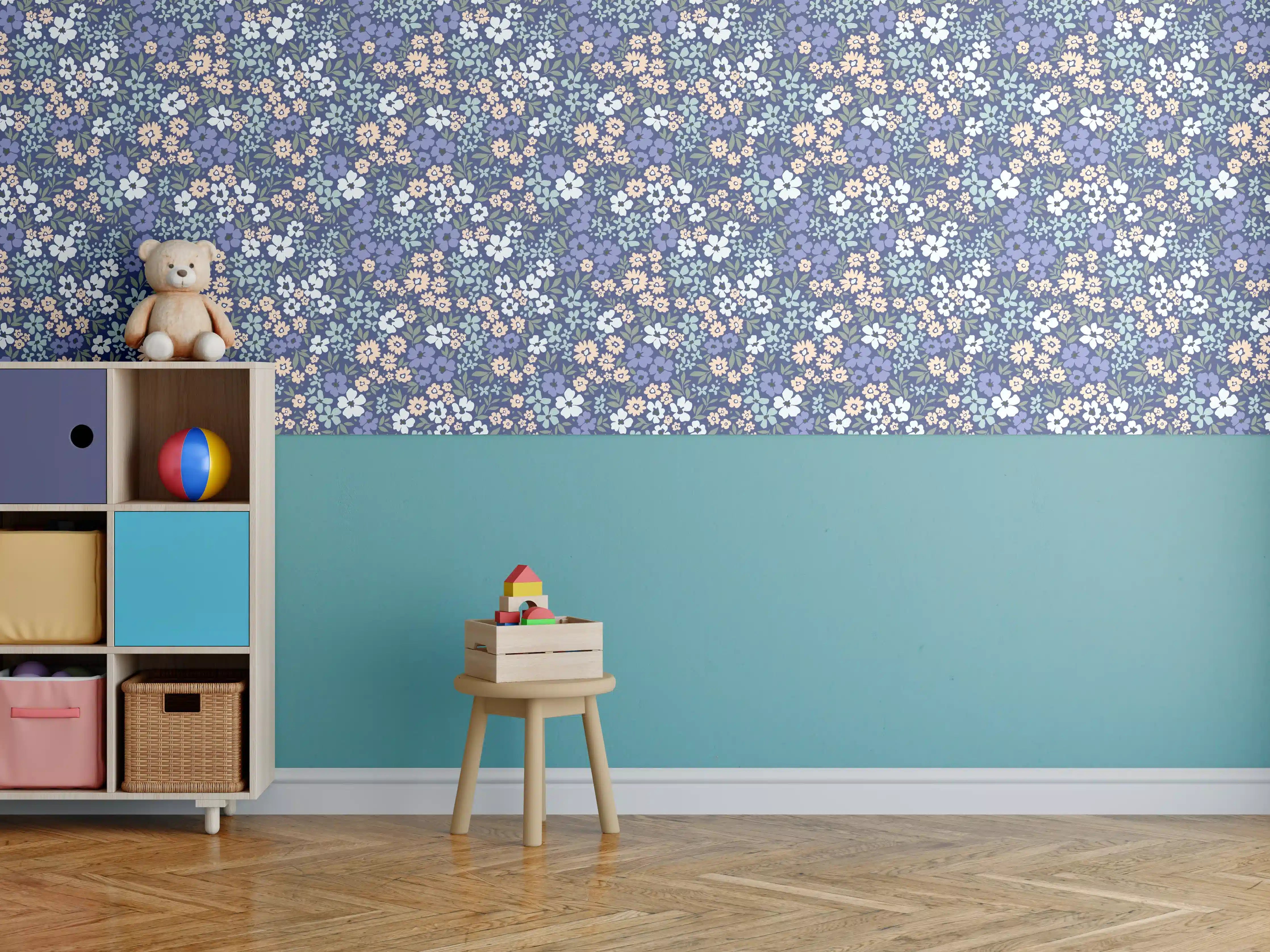 Kinderzimmer Wandgestaltung - Vintage Ditsy Blumenmuster Blau