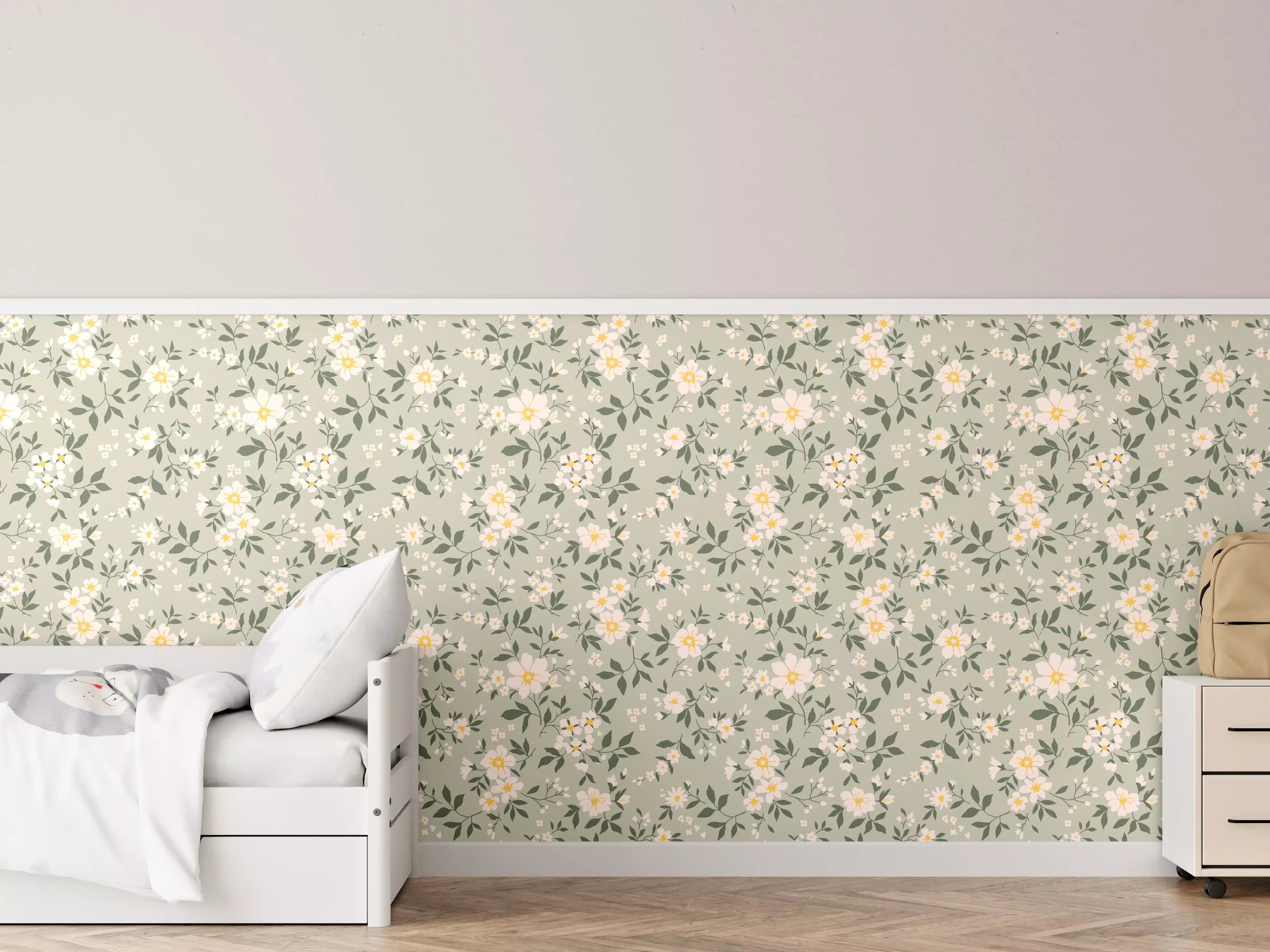 Kinderzimmer Wandgestaltung - Vintage Ditsy Blumenmuster Grün-Beige