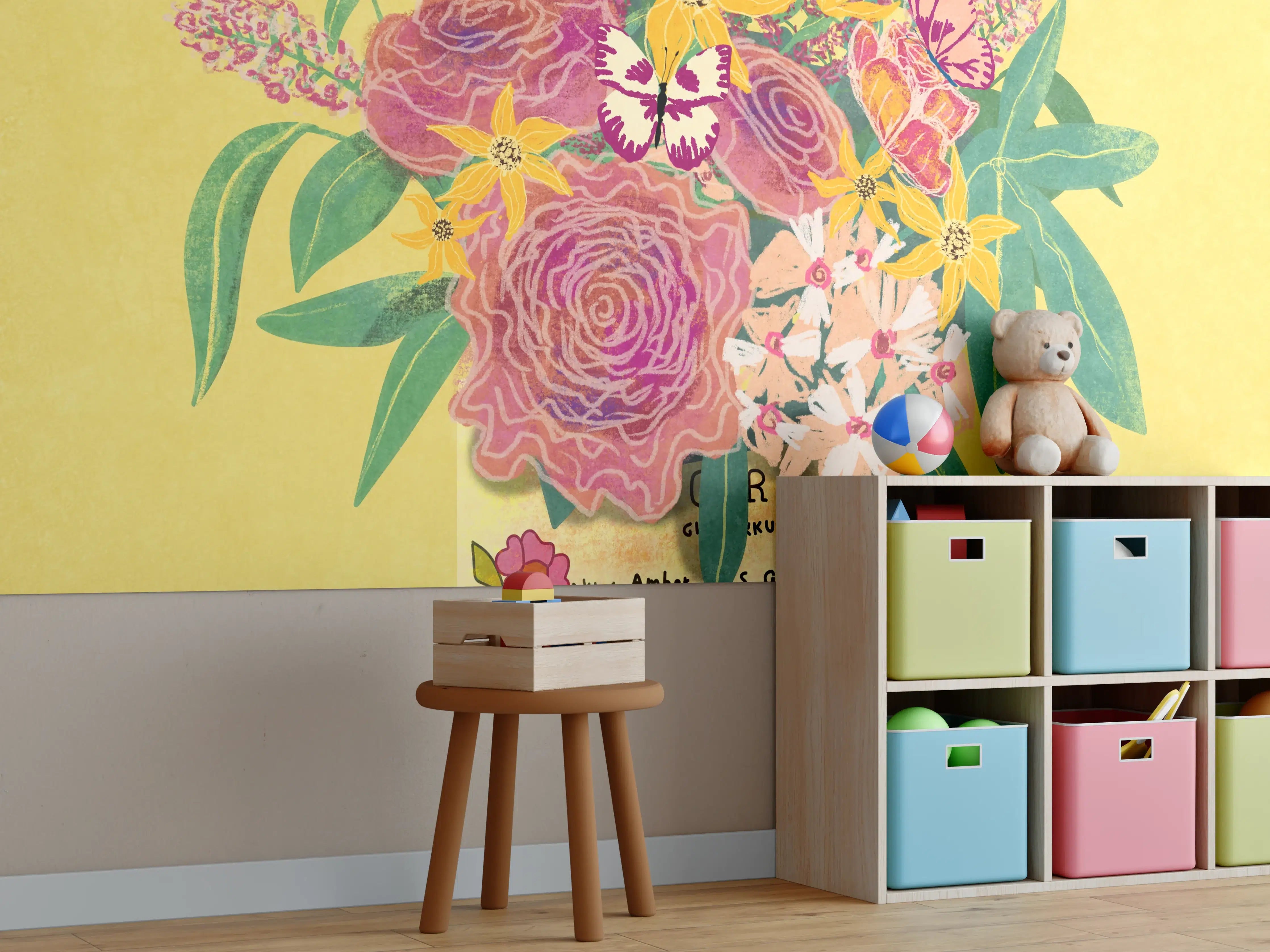 Kinderzimmer Wandgestaltung - Vintage-Gelb Blumen Honigdose