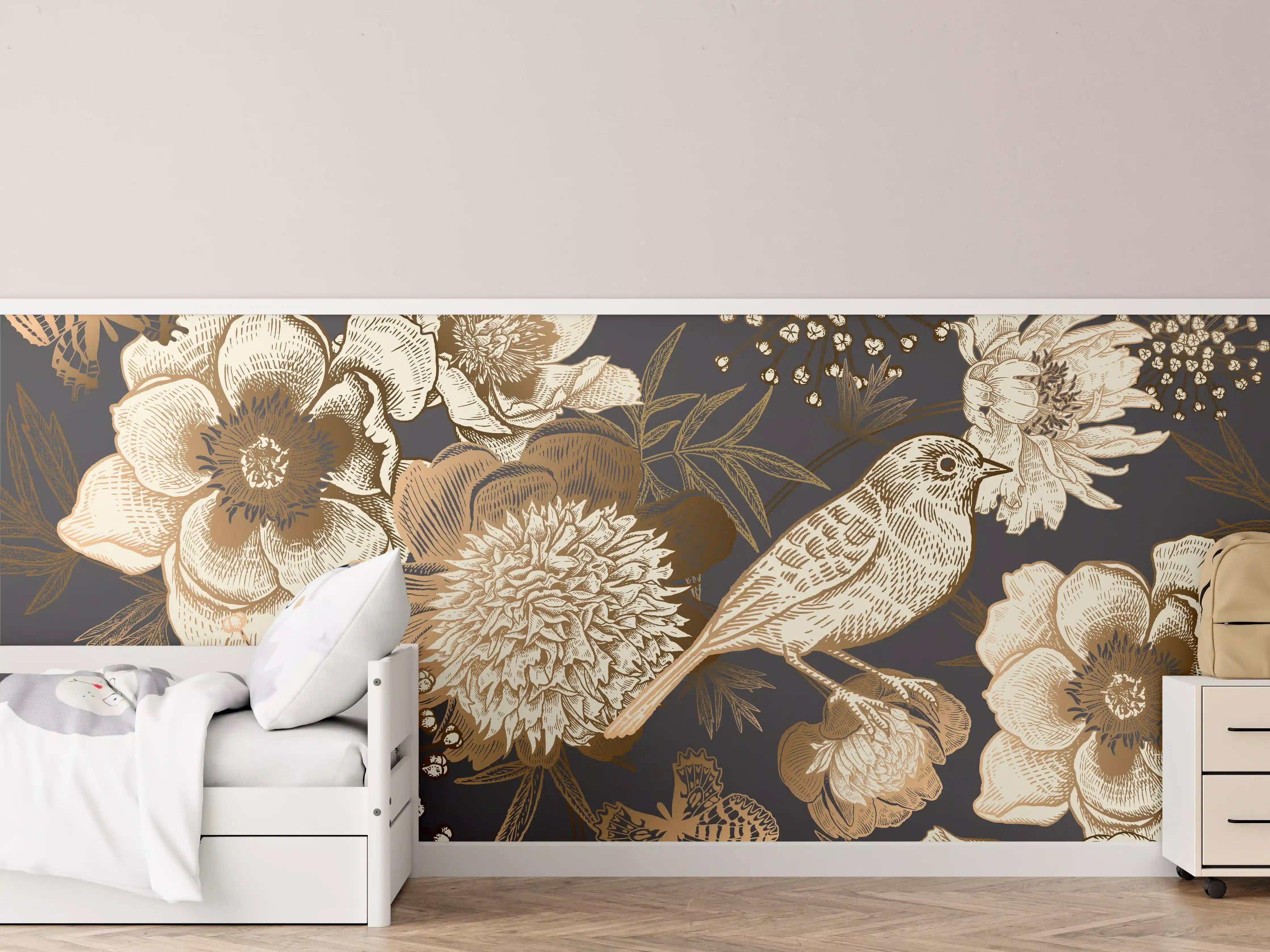 Kinderzimmer Wandgestaltung - Vintage Gold-Pfingstrosen-Muster