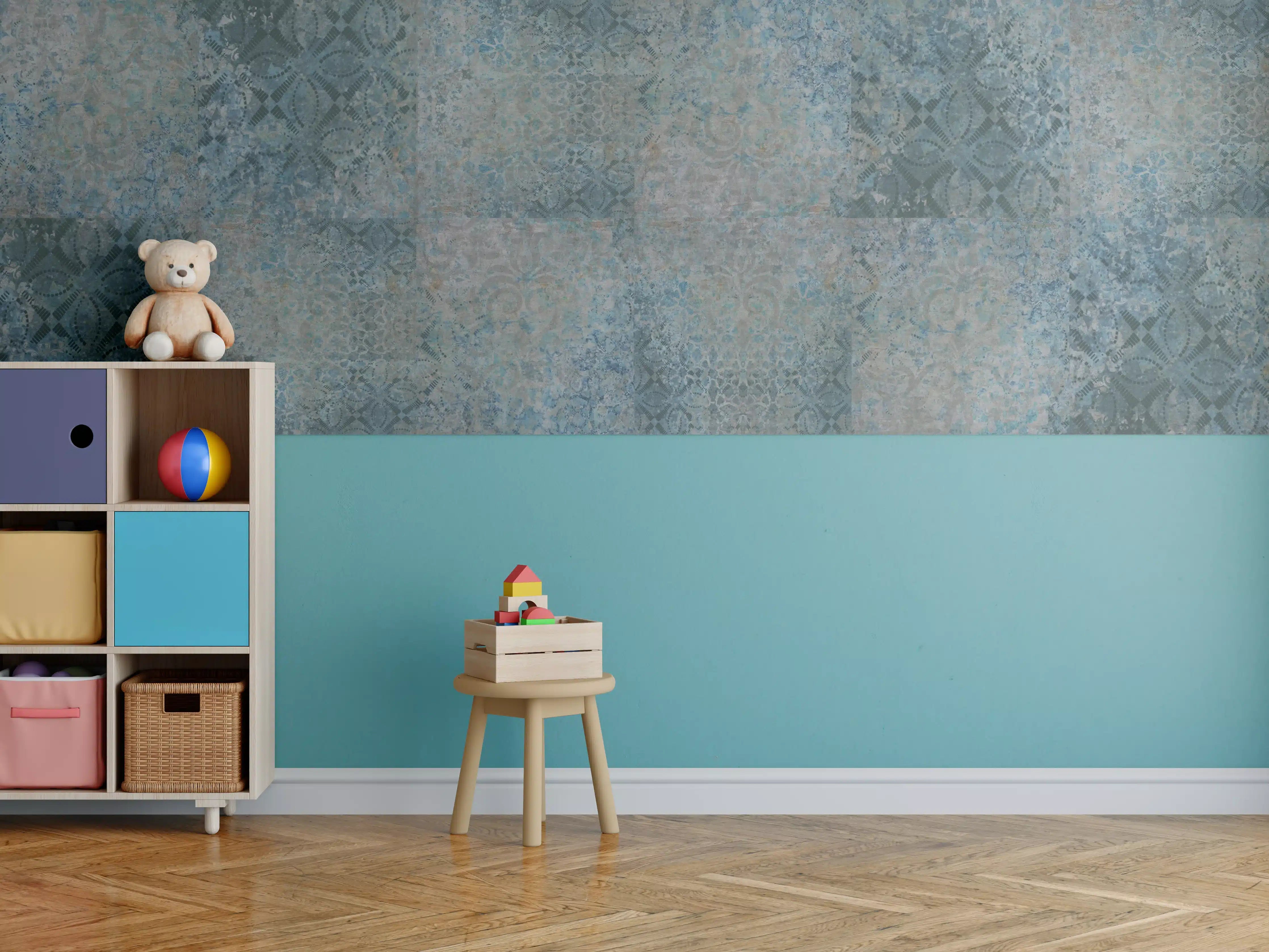 Kinderzimmer Wandgestaltung - Vintage-Türkis-Grau-Mosaikfliesen