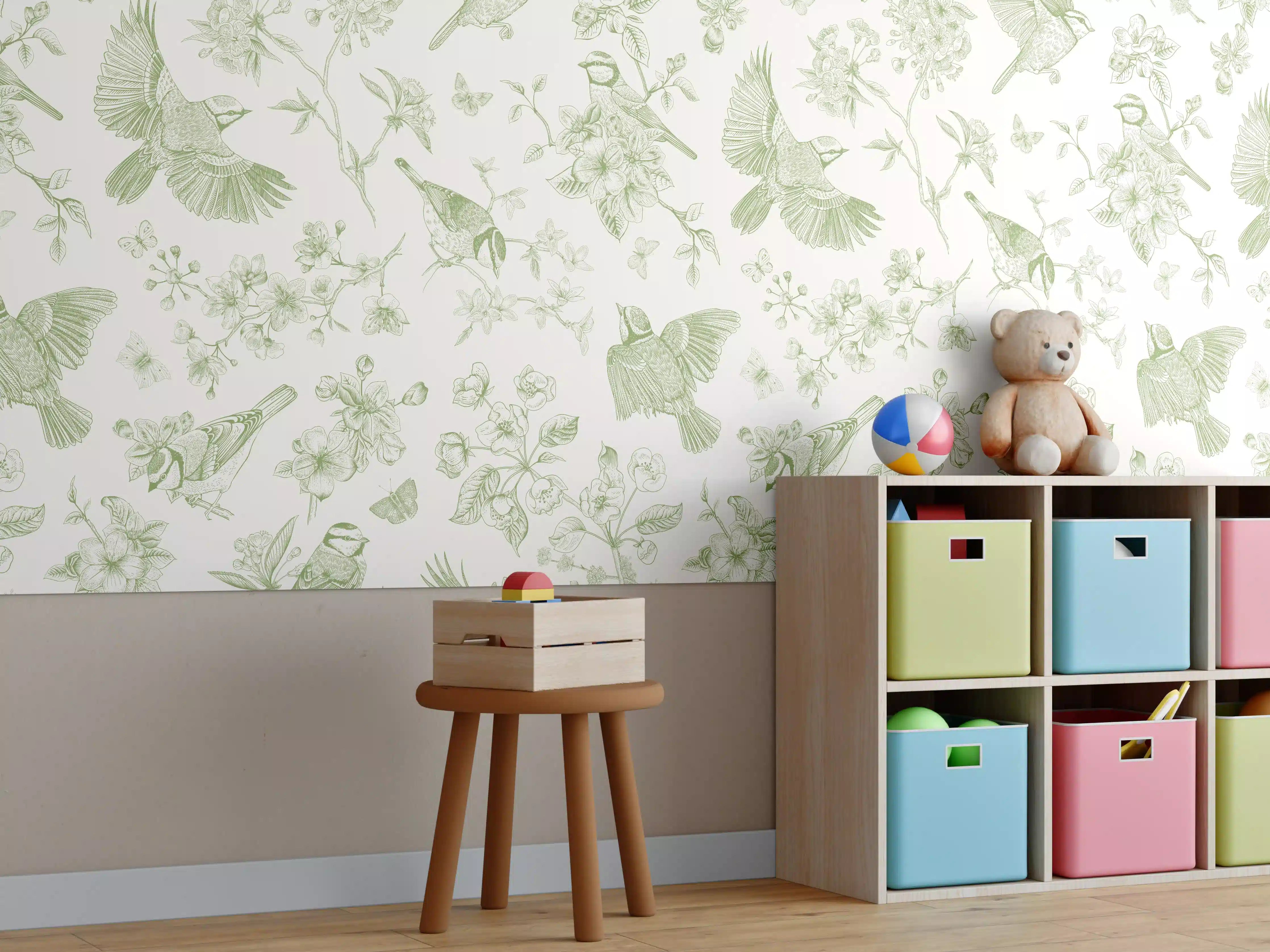 Kinderzimmer Wandgestaltung - Vintage Vogelgarten Grün-Beige