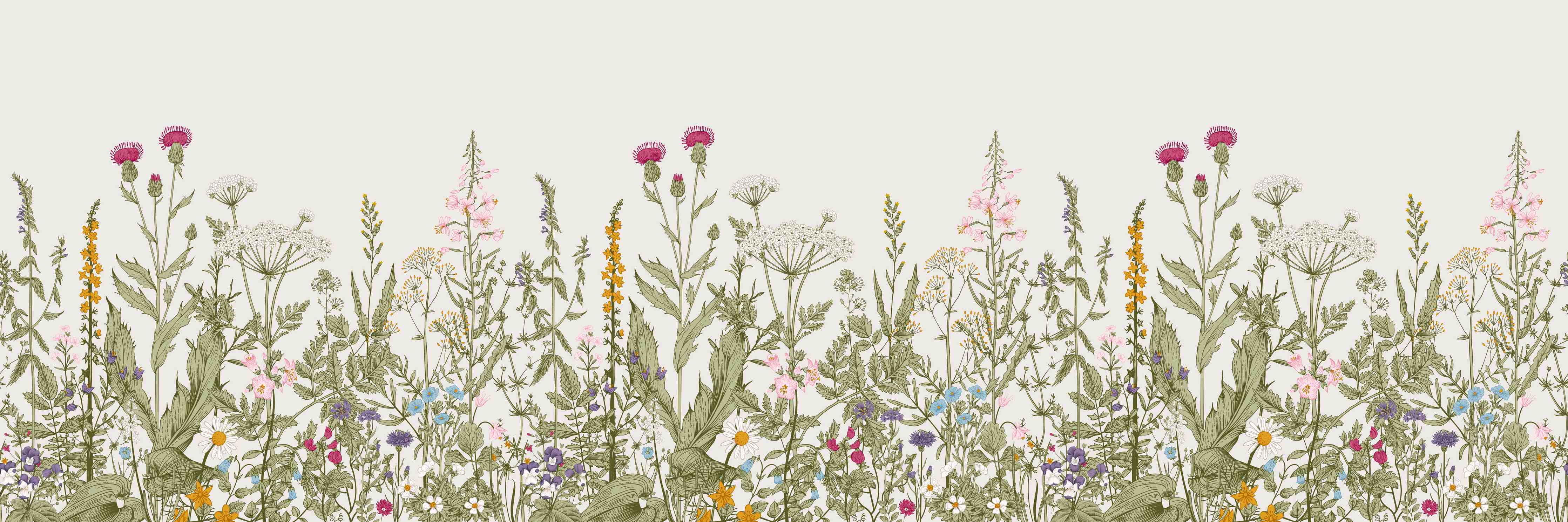 Kinderzimmer Wandgestaltung-Vintage Wiesenblumen Bordüre Beige-Grün