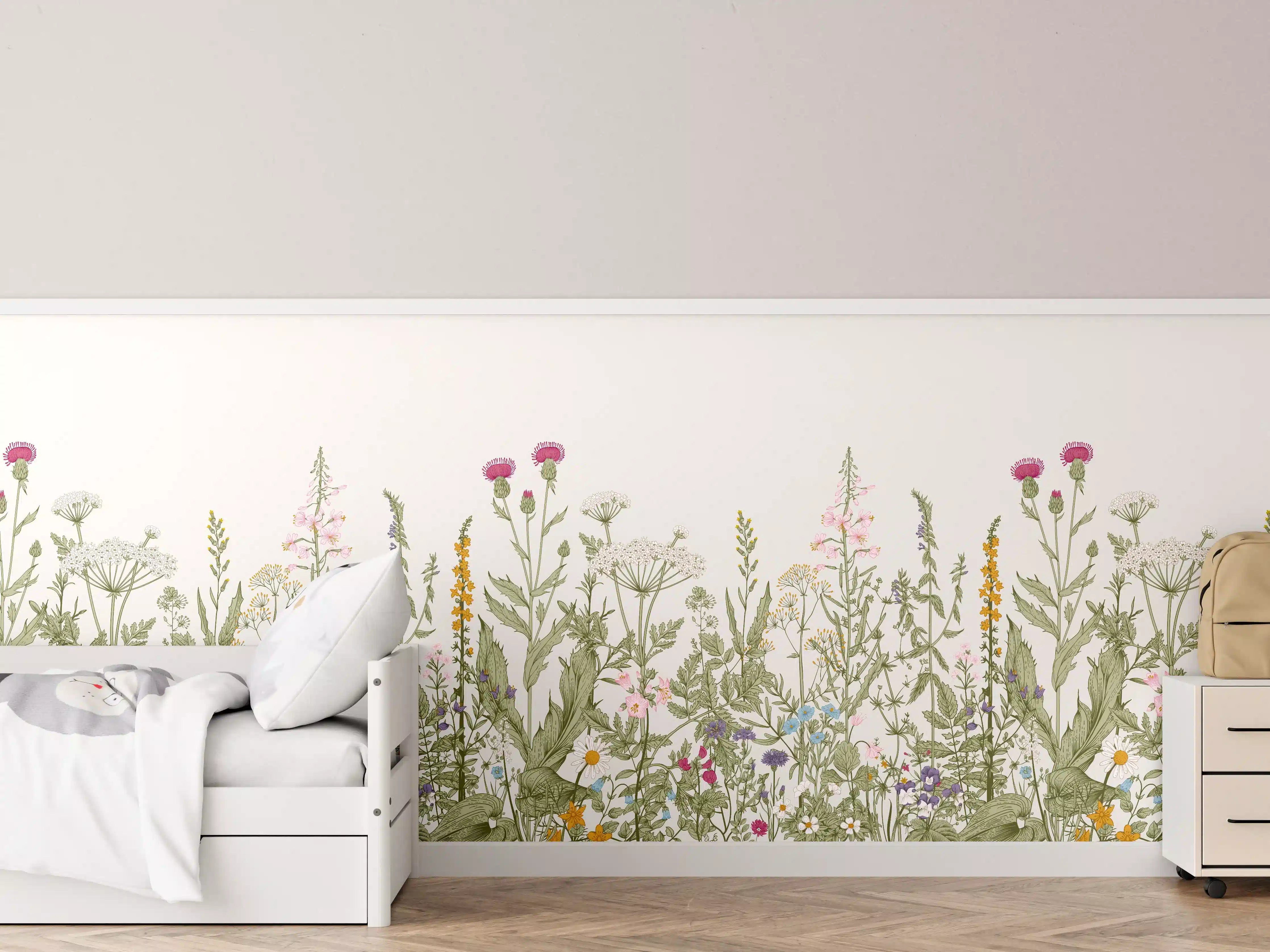 Kinderzimmer Wandgestaltung - Vintage Wiesenblumen Bordüre Beige-Grün