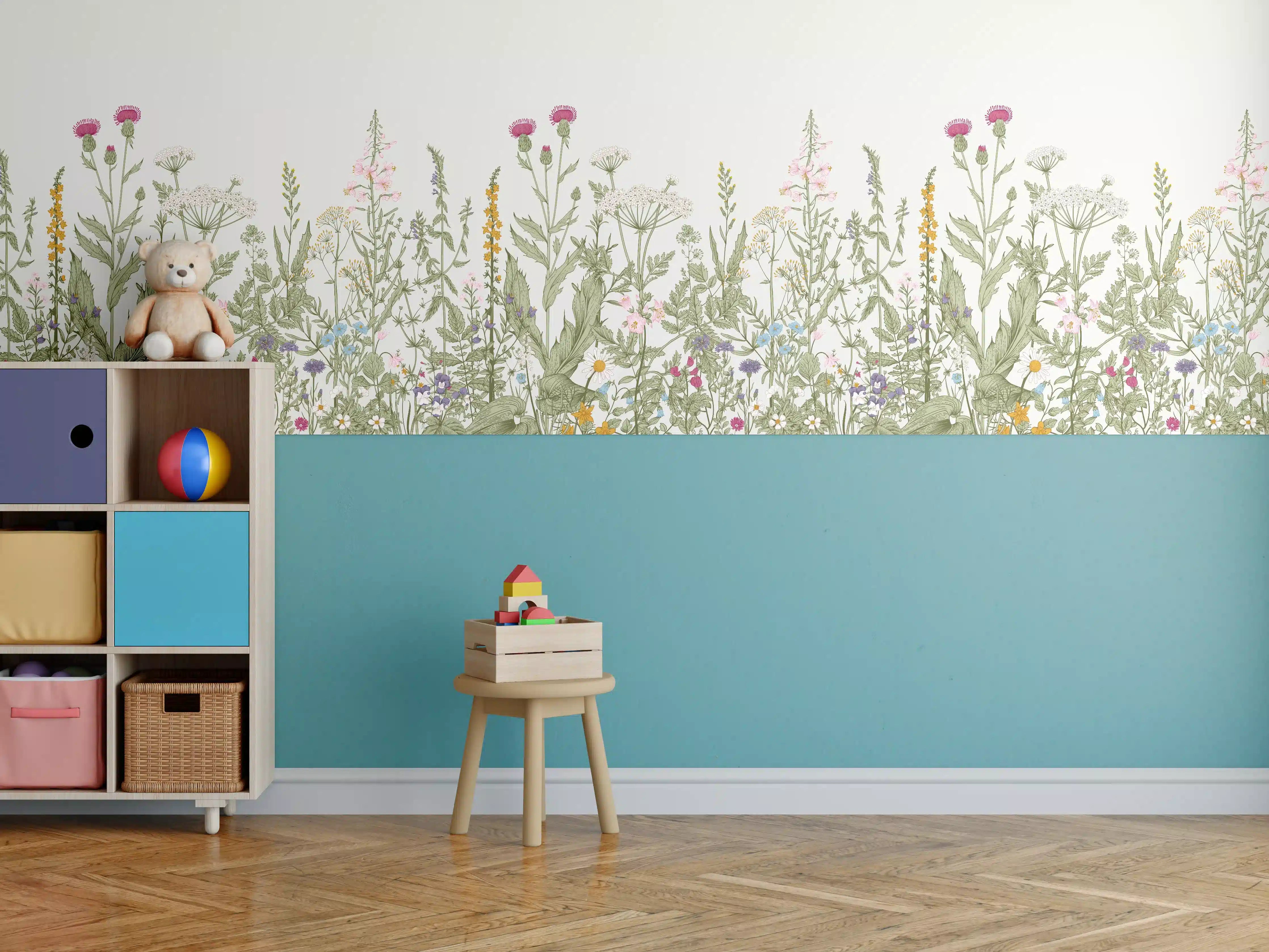 Kinderzimmer Wandgestaltung - Vintage Wiesenblumen Bordüre Beige-Grün