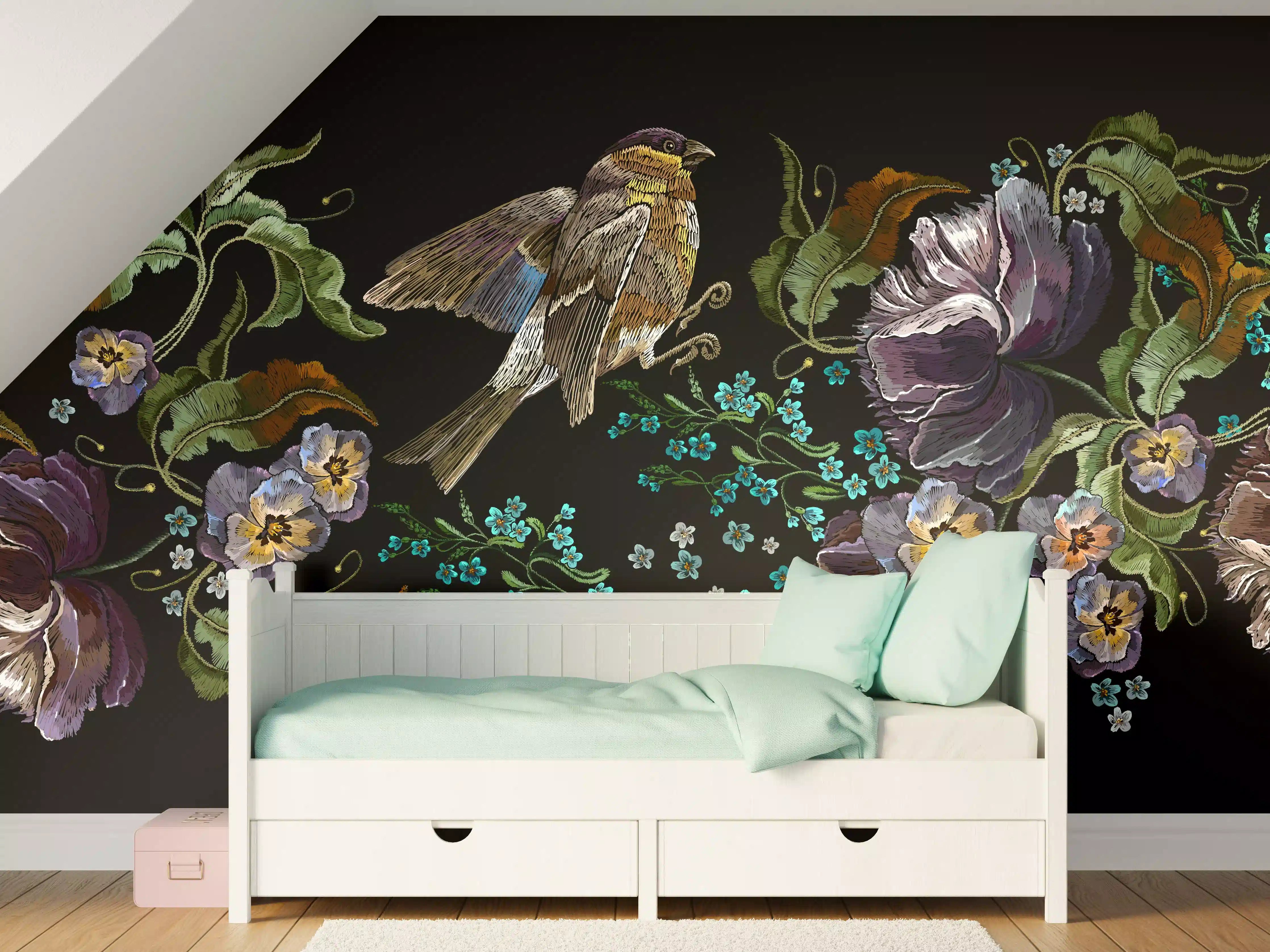 Kinderzimmer Wandgestaltung - Violette Blumen Vogelmuster Stickerei