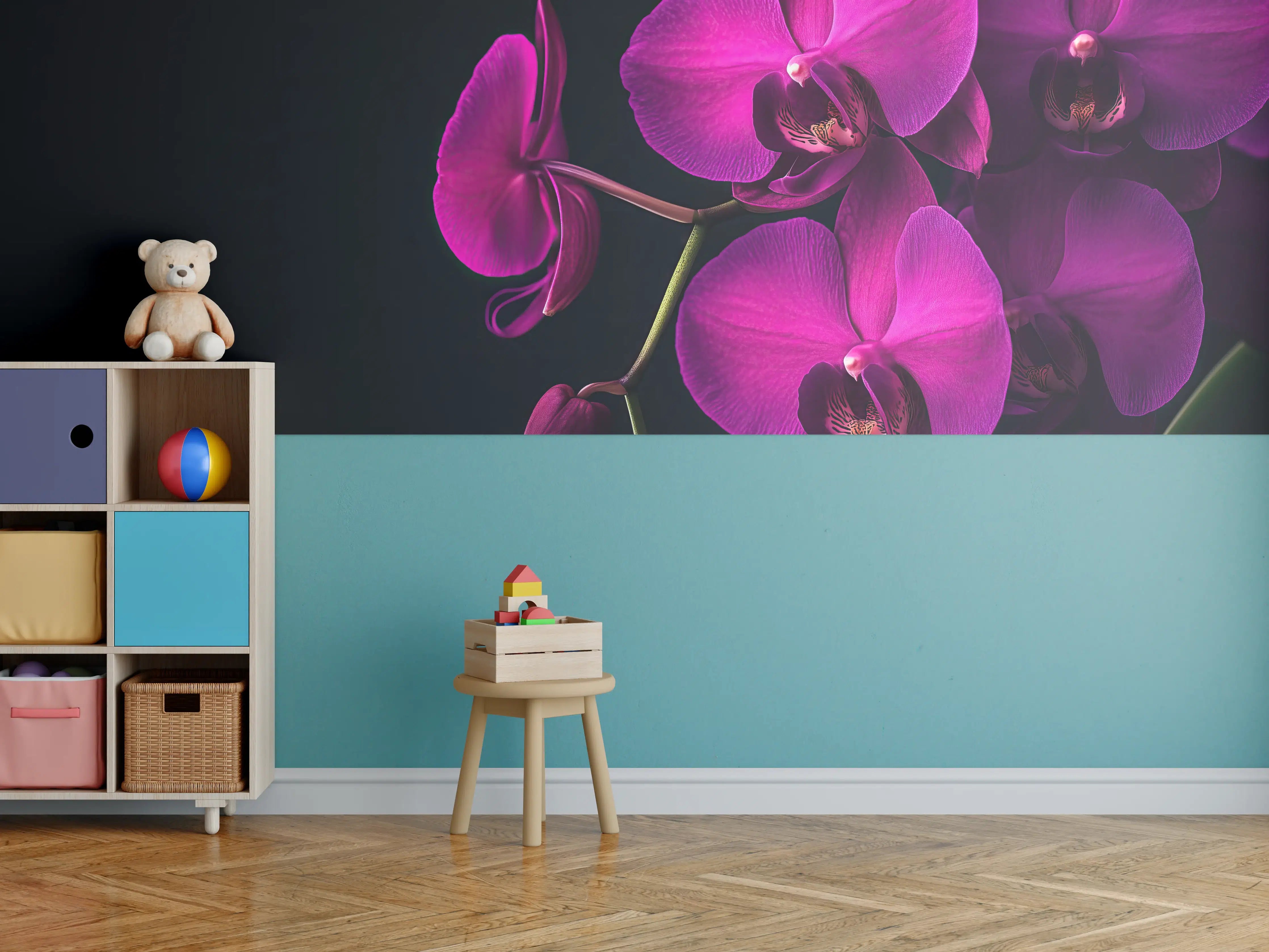 Kinderzimmer Wandgestaltung - Violette Orchideen auf Schwarz