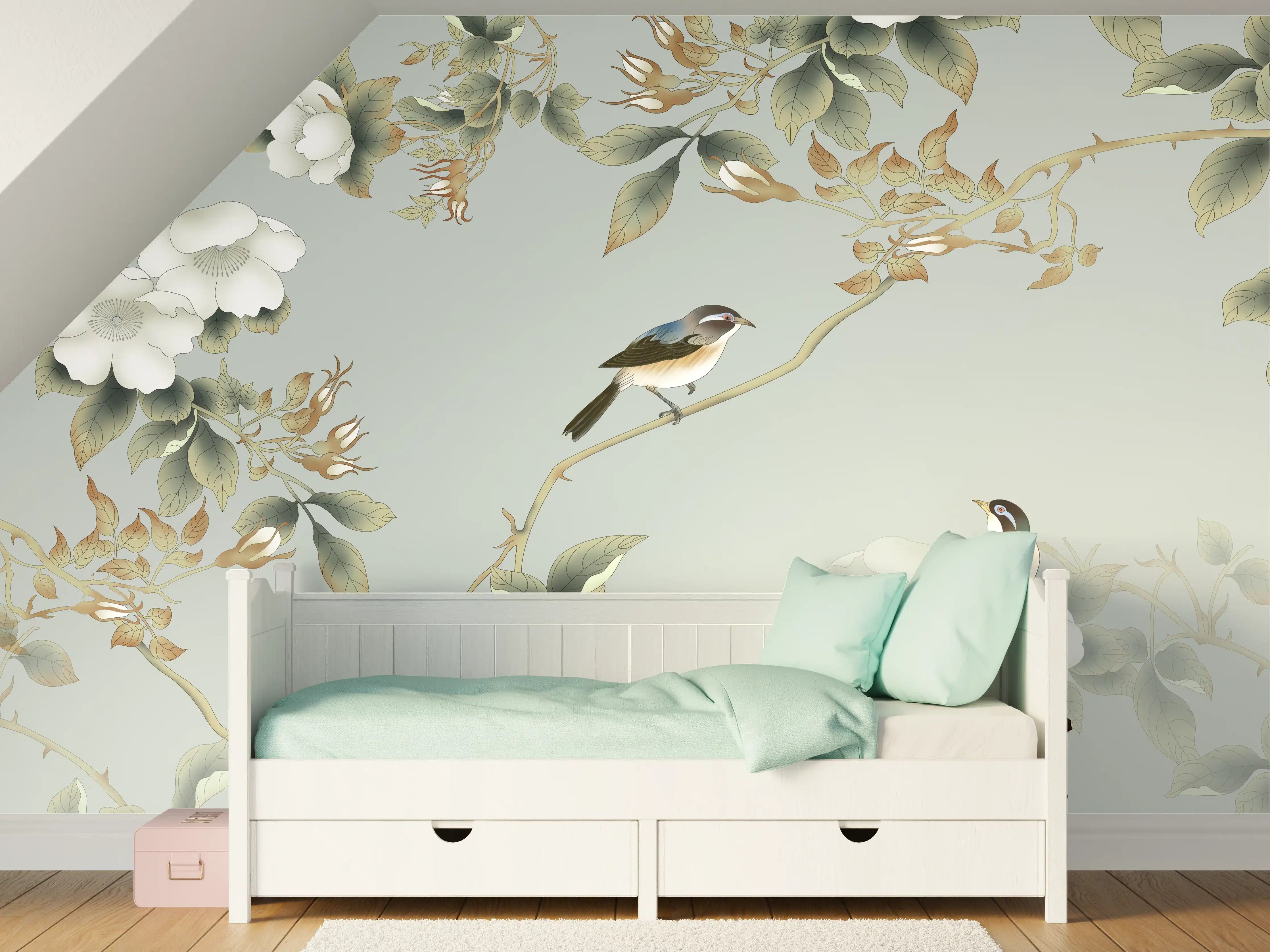 Kinderzimmer Wandgestaltung - Vögel Natur Illustration auf grauem Hintergrund
