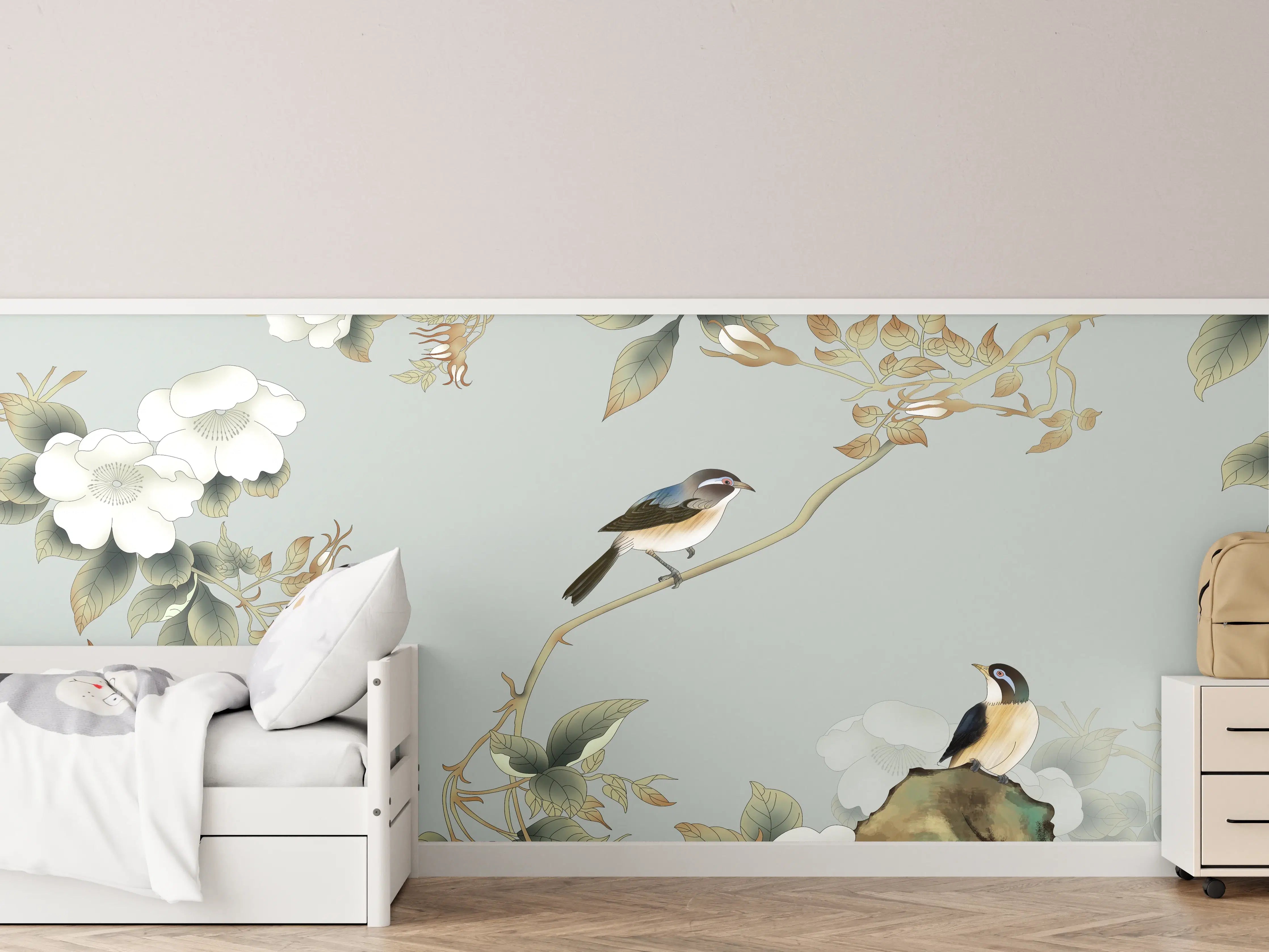 Kinderzimmer Wandgestaltung - Vögel Natur Illustration auf grauem Hintergrund