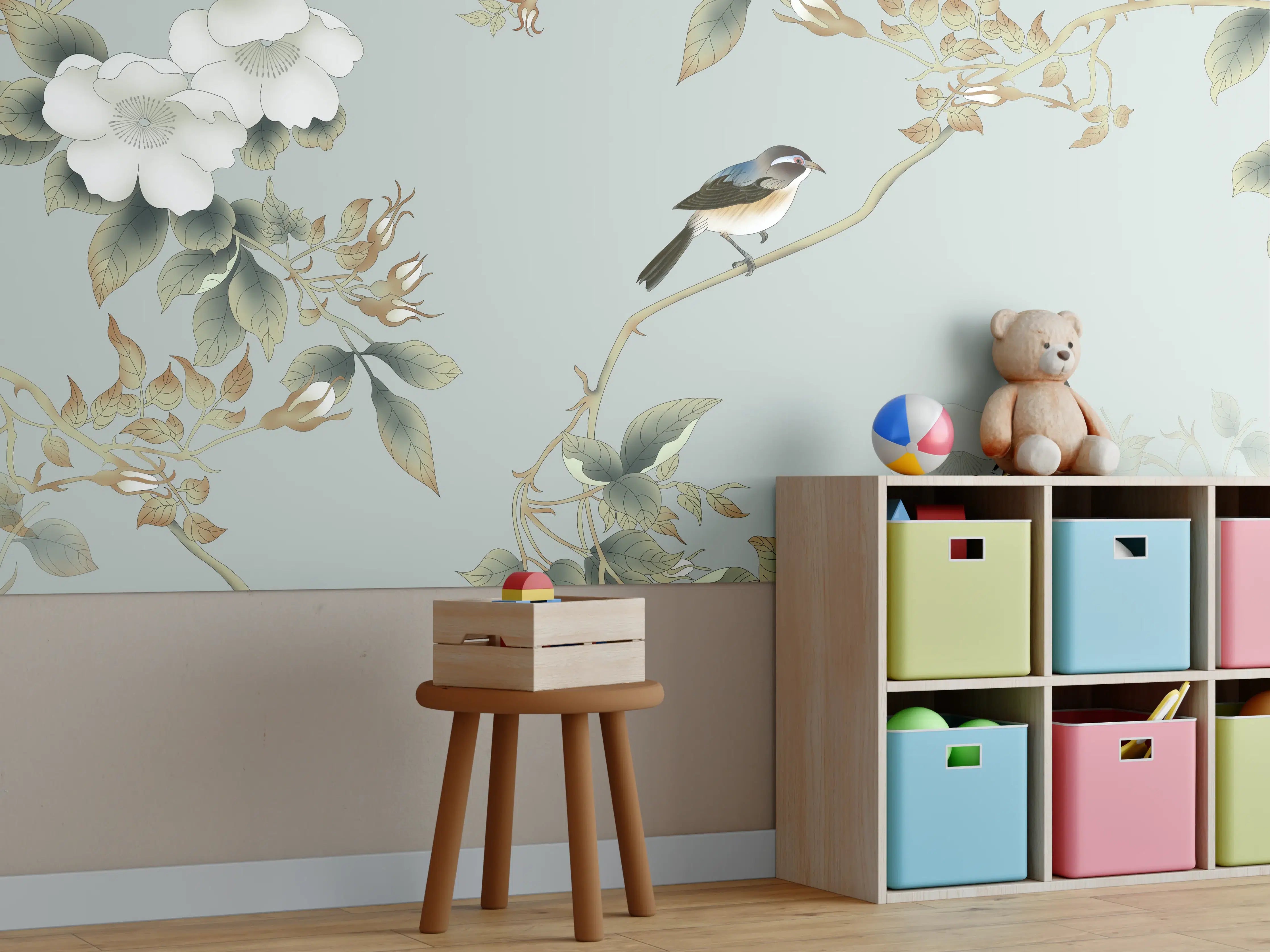 Kinderzimmer Wandgestaltung - Vögel Natur Illustration auf grauem Hintergrund