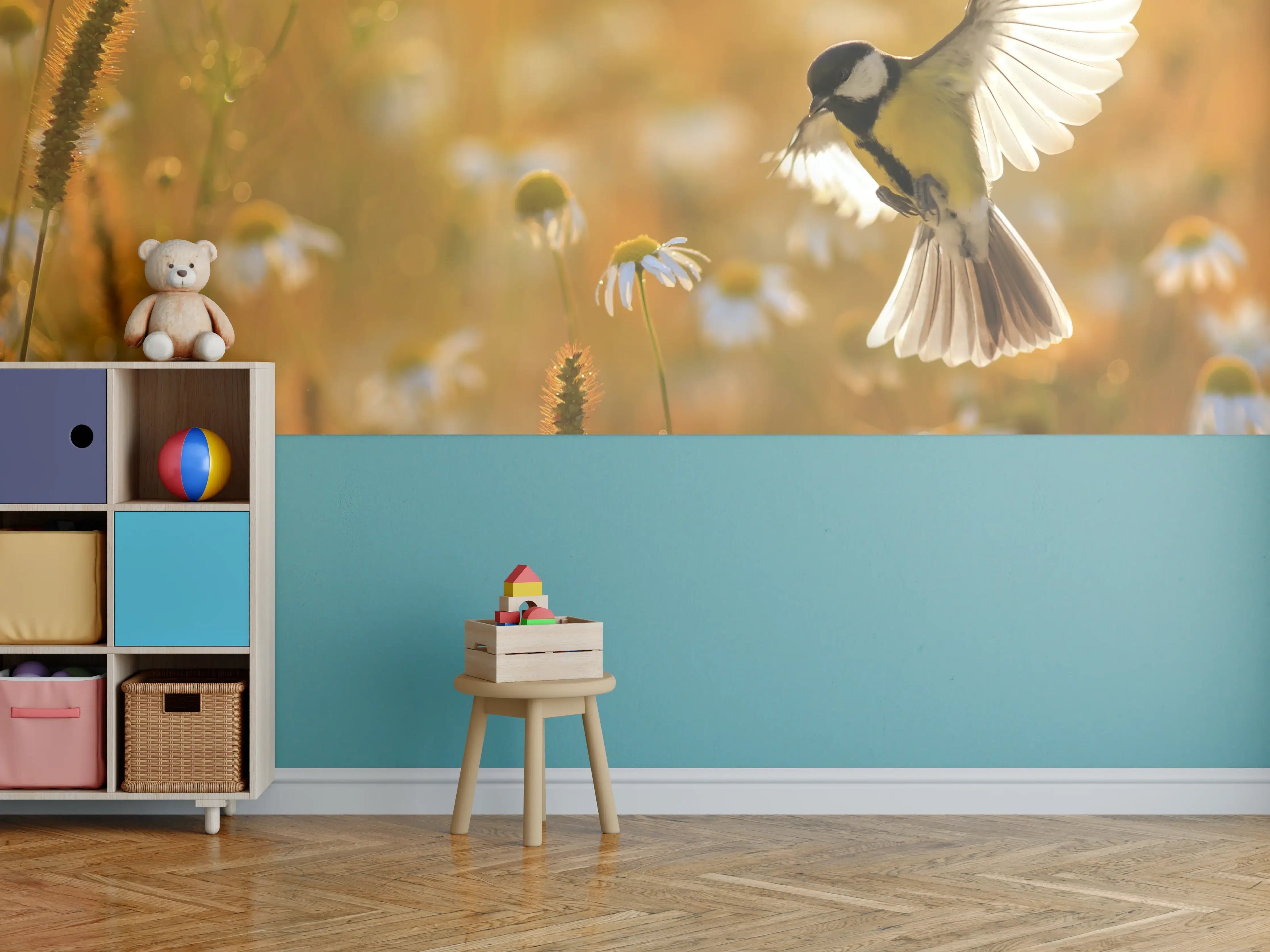 Kinderzimmer Wandgestaltung - Vogel im Sonnenlicht über Wildblumen