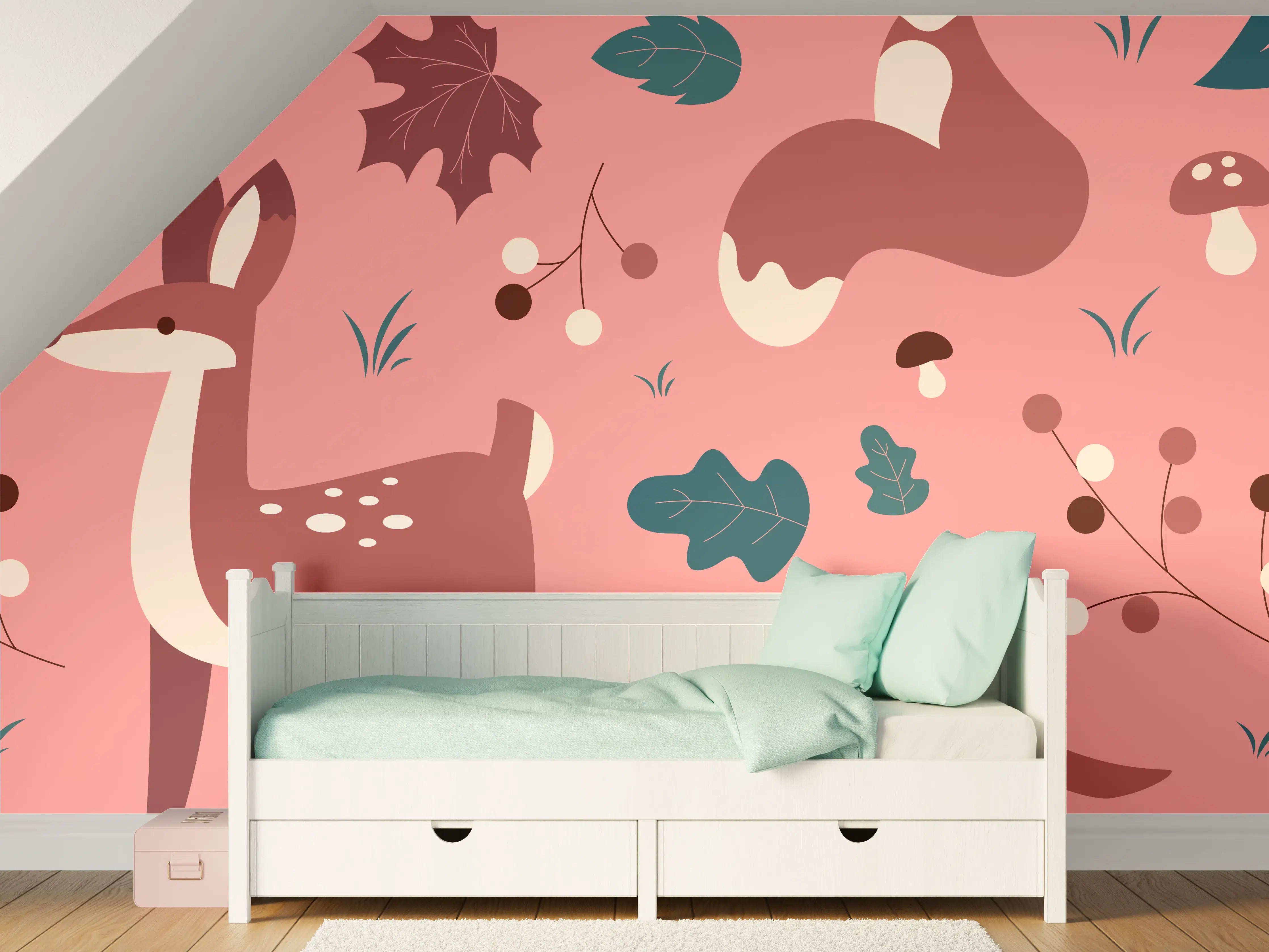 Kinderzimmer Wandgestaltung - Waldtier-Muster Rosa Hintergrund