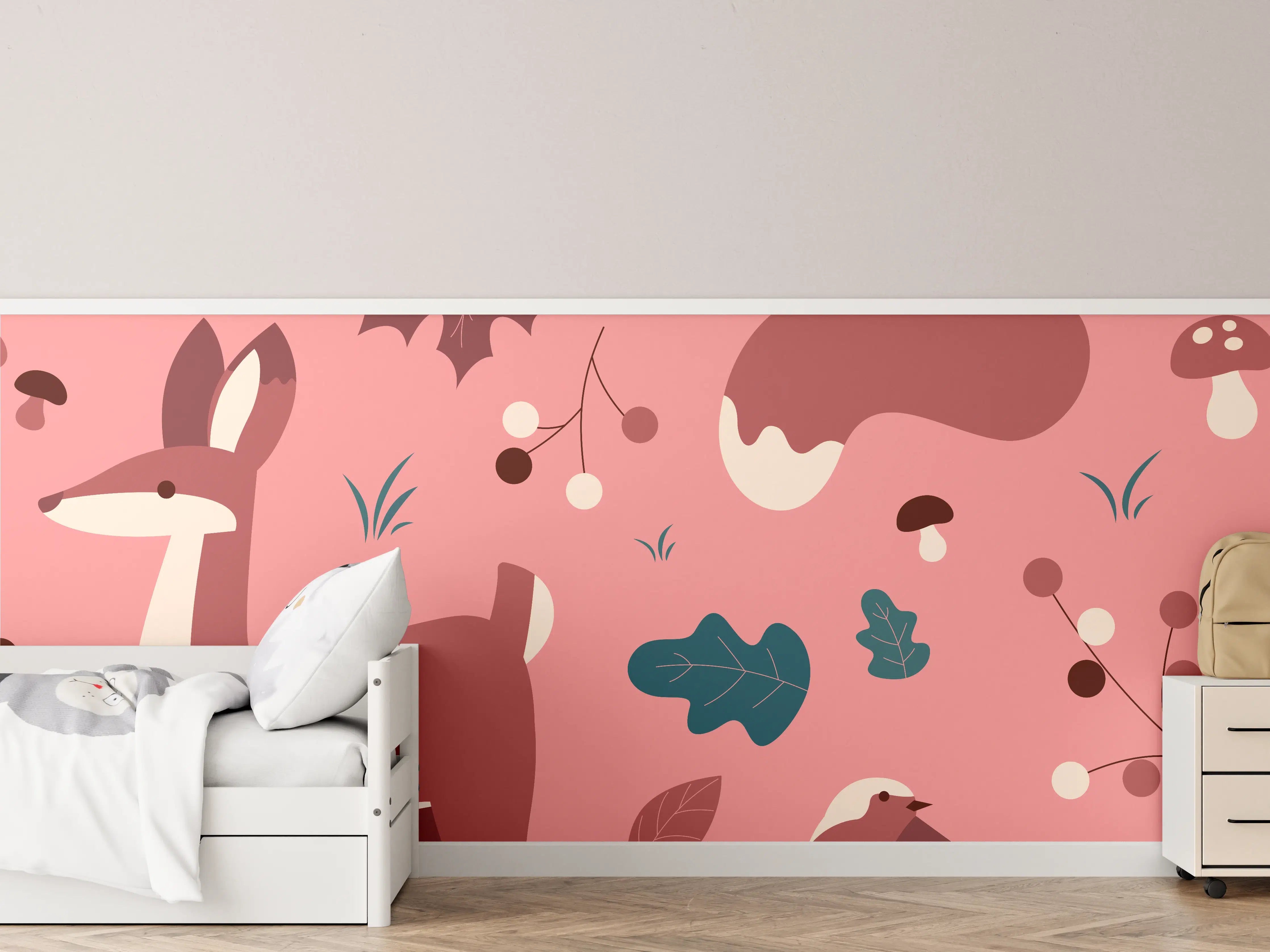 Kinderzimmer Wandgestaltung - Waldtier-Muster Rosa Hintergrund