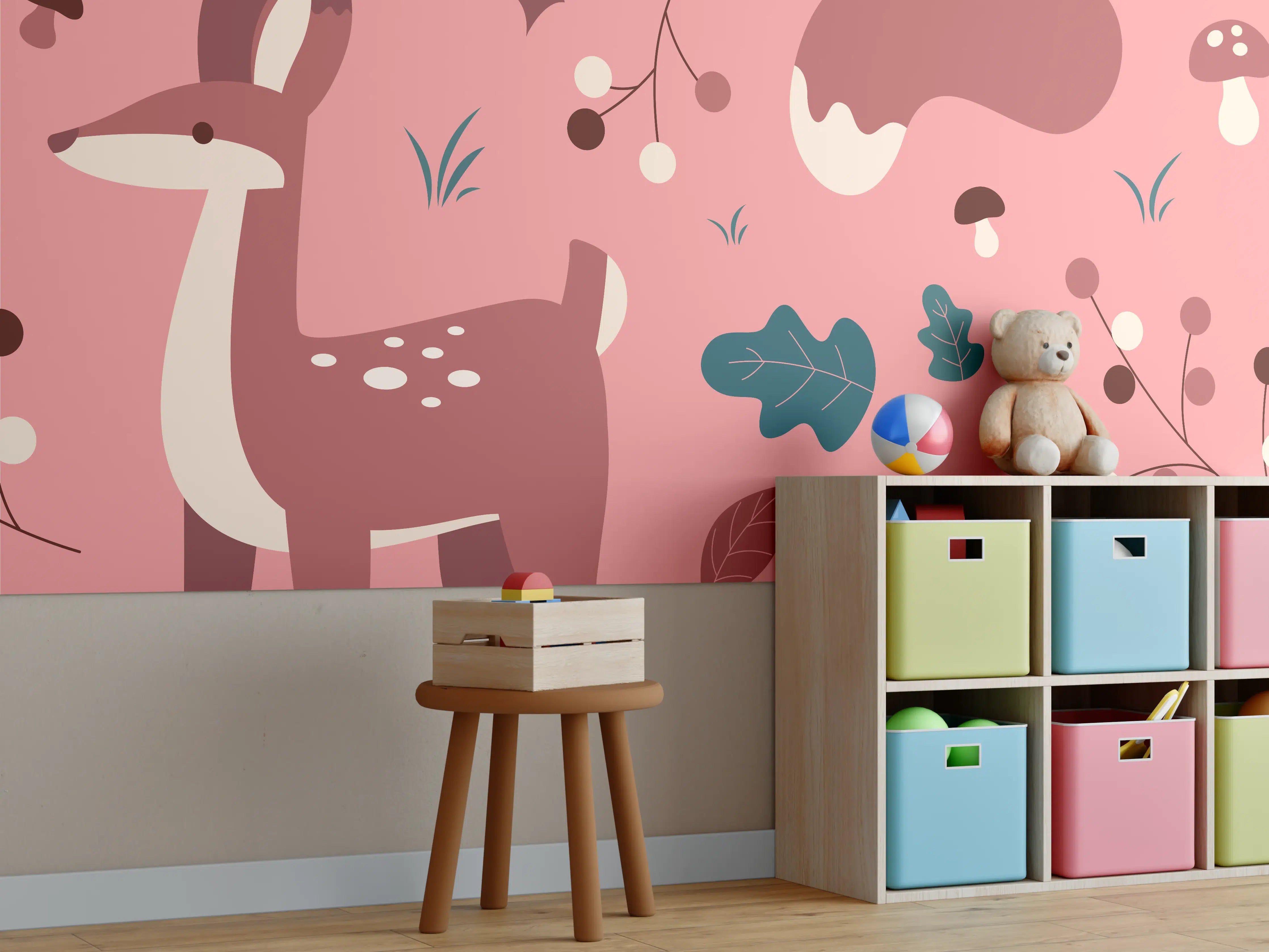 Kinderzimmer Wandgestaltung - Waldtiere Muster rosa Hintergrund