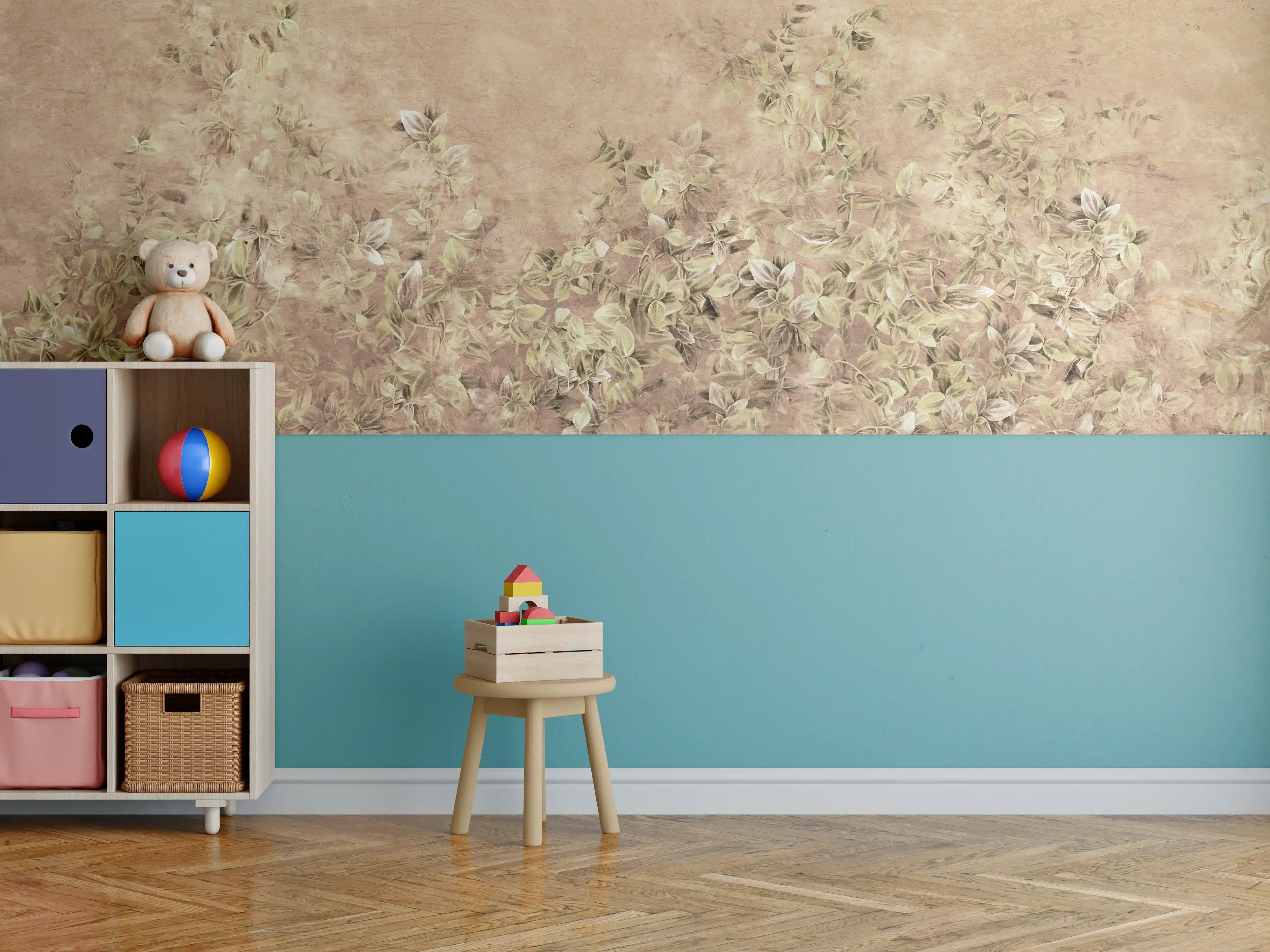 Kinderzimmer Wandgestaltung - Warme Erdtöne mit zarter Blumenmalerei
