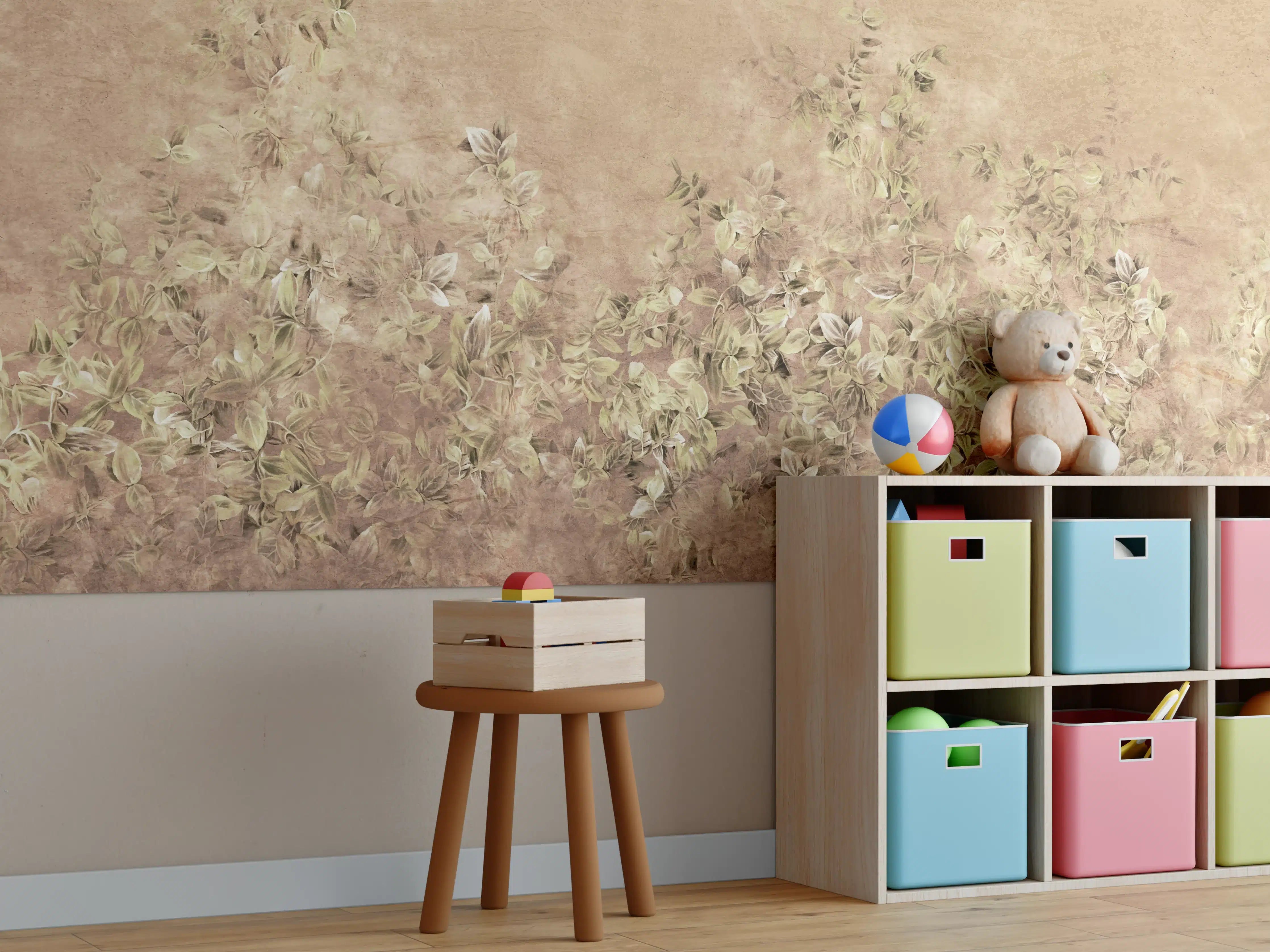 Kinderzimmer Wandgestaltung - Warme Erdtöne mit zarter Blumenmalerei