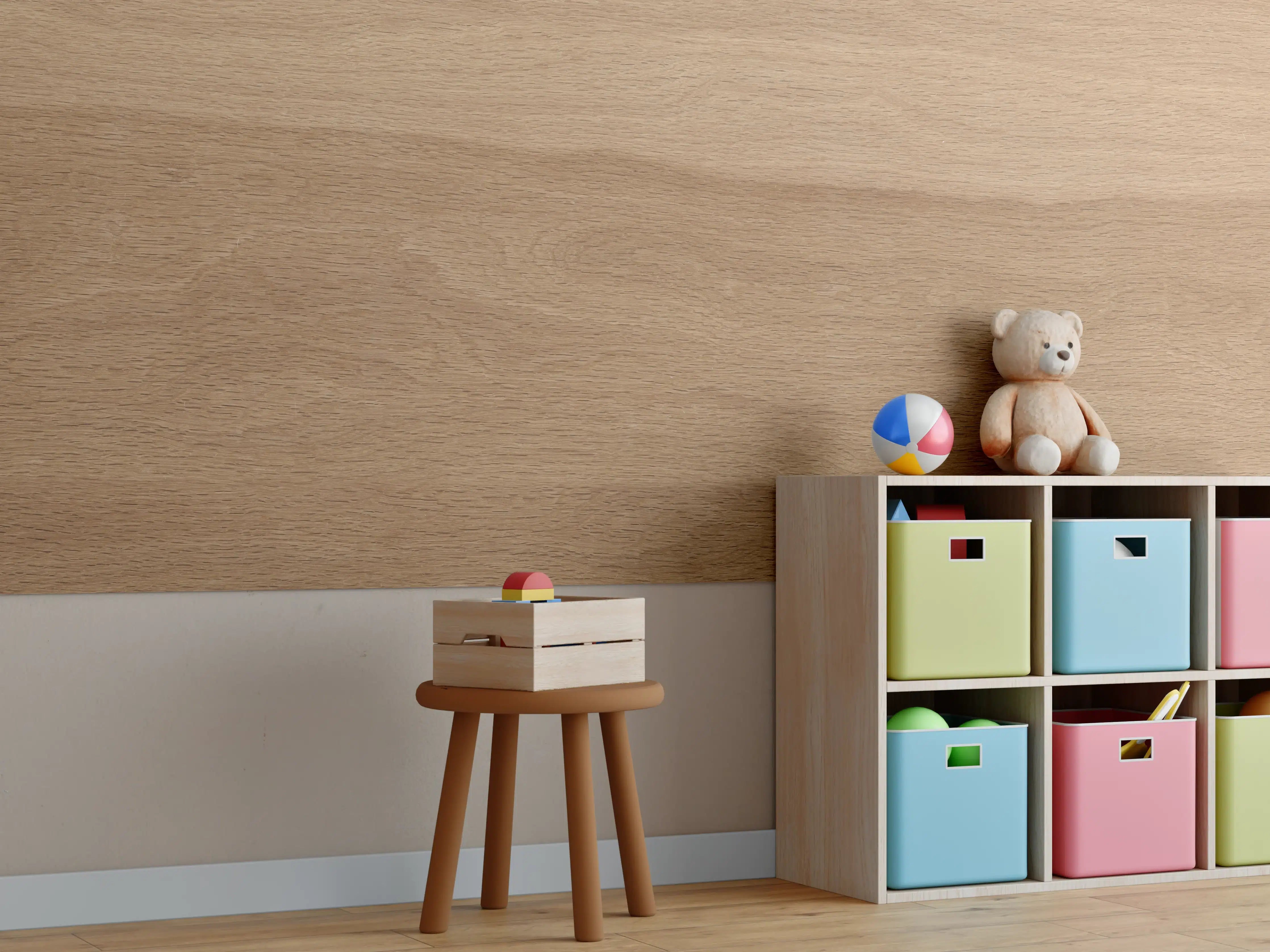 Kinderzimmer Wandgestaltung - Warme Grautöne mit Holzmaserung