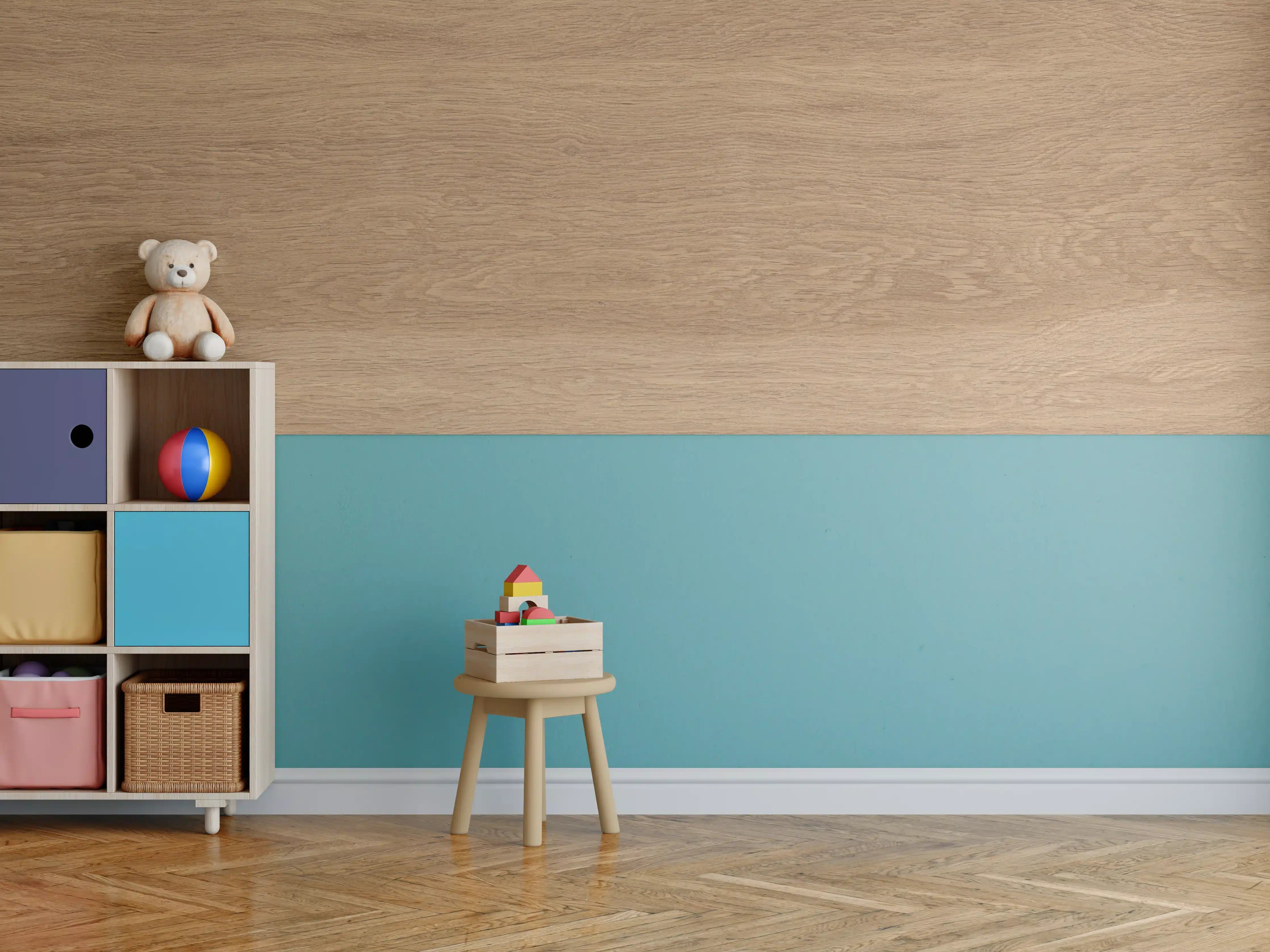 Kinderzimmer Wandgestaltung - Warme Holzmaserung mit Grauflair